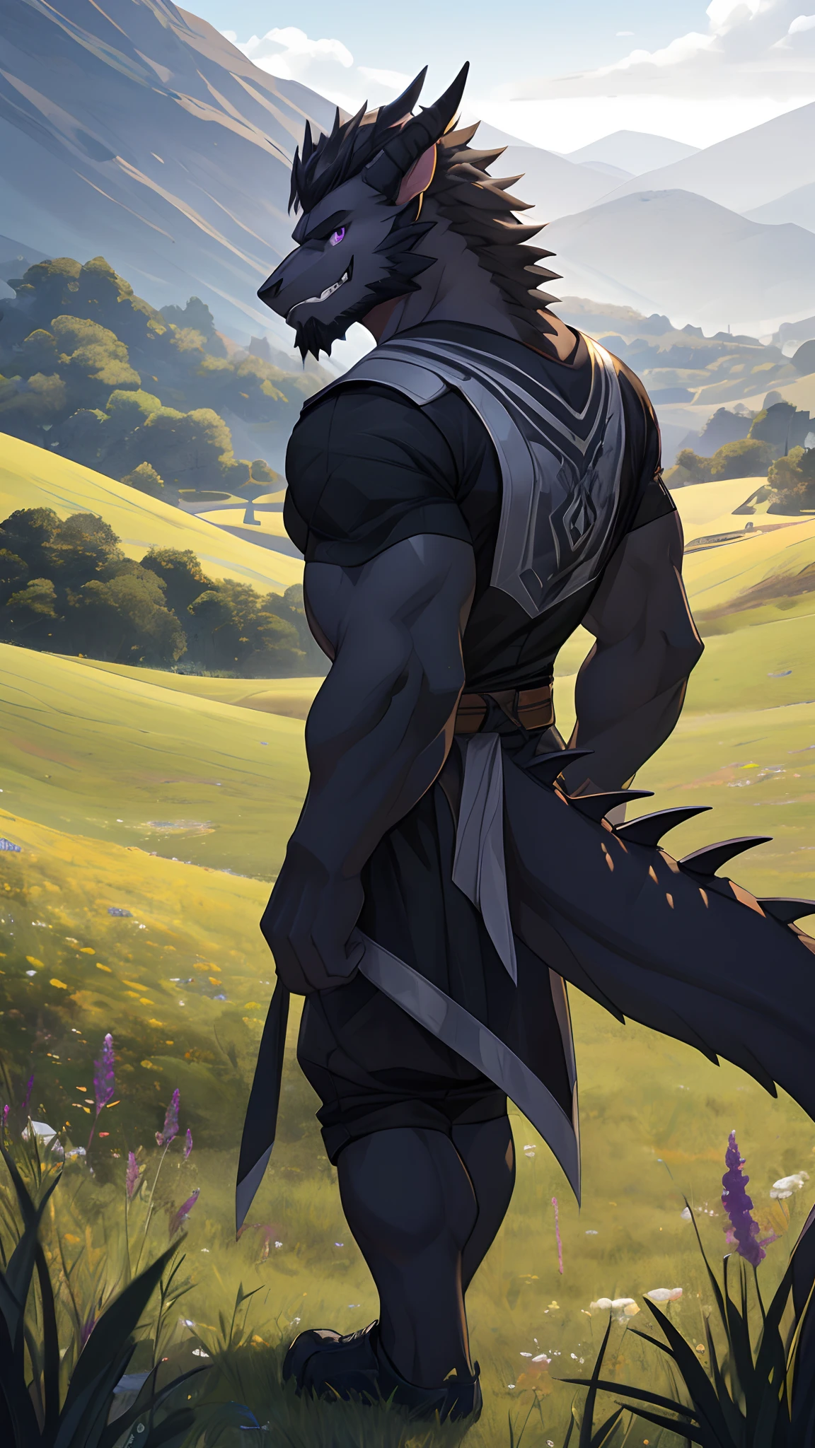 Masterpiece, Cool Pose, Furry Black Dragon, Strong Fit Body, Purple Eyes, Black Pupil, Grey Medium Hair, Grey Facial Hair, Casual Black Set, Fierce, Good looking, teeth, Smirking, Looking To Back, Standing In Grass, High Ground, Morning, Hill Background.