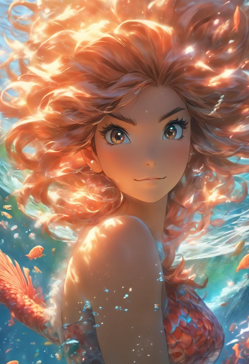 (best quality,4k,8k,highres,masterpiece:1.2),ultra-detailed,(realistic,photorealistic,photo-realistic:1.37),lion mermaid,illustration,underwater,fantasy,mythological creatures,lionfish tail,beautiful girllion mermaid,tropical coral reef,sparkling scales,vibrant colors,ethereal lighting,peaceful atmosphere,seashells and pearls,flowy hair,eye-catching composition,graceful posture,wavy ocean currents.s