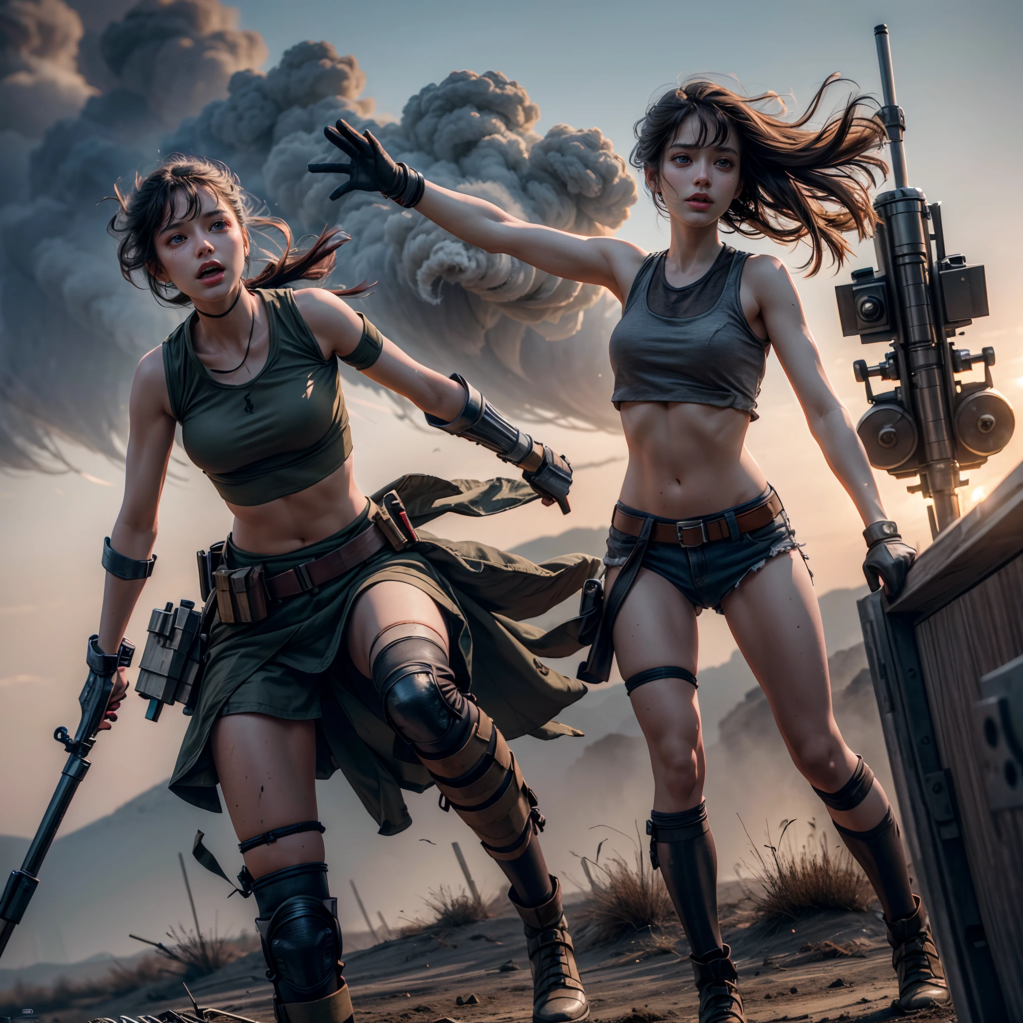 (a woman,apocalyptic scenario,fighting bravely,torn clothes,blood,dramatic scene,high detail:1.4),8k,perfect,masterpiece,best art,ultra-detailed