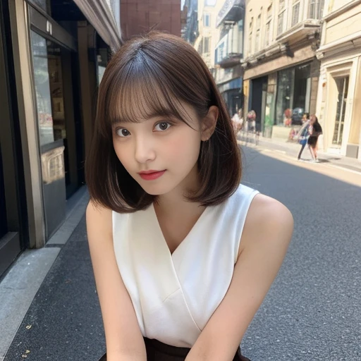 (Top quality, 8K, masterpiece: 1.3), Clear focus: 1.2, Perfect style beauty: 1.4, Abdominal muscle length: 1.2, (Dark brown hair, Short Bob, Little Mimi: 1.2), (Natural soft light, City Street: 1.1), (Front view viewer: 1.5), Highly detailed facial and skin texture, meticulous eyes, double eyelids, Anna style makeup for women, (Sleeveless 1.5, Long skirt), Milk comes out