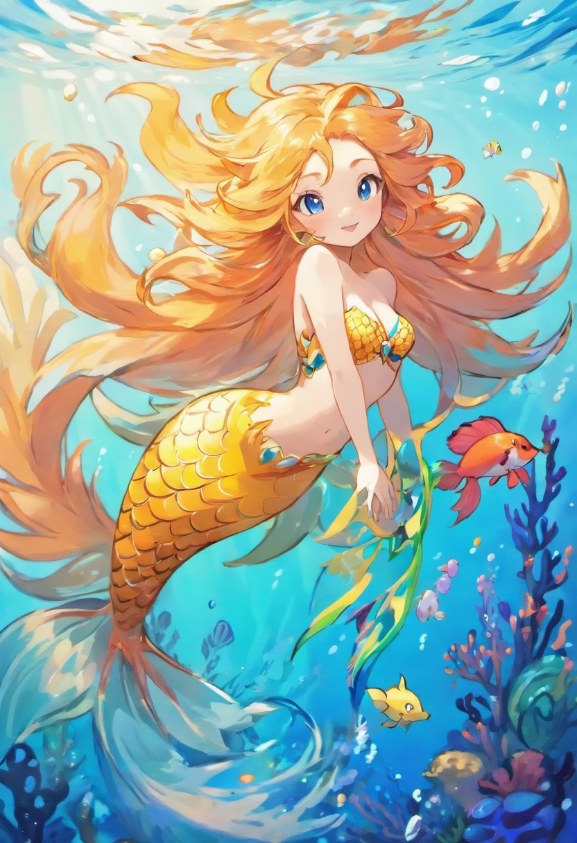 (beautiful,detailed,realistic) lion mermaid, vibrant colors, underwater scene, flowing hair, graceful pose, scales, majestic tail, mesmerizing eyes, shimmering tail fins, coral reefs, tropical fish, ethereal light