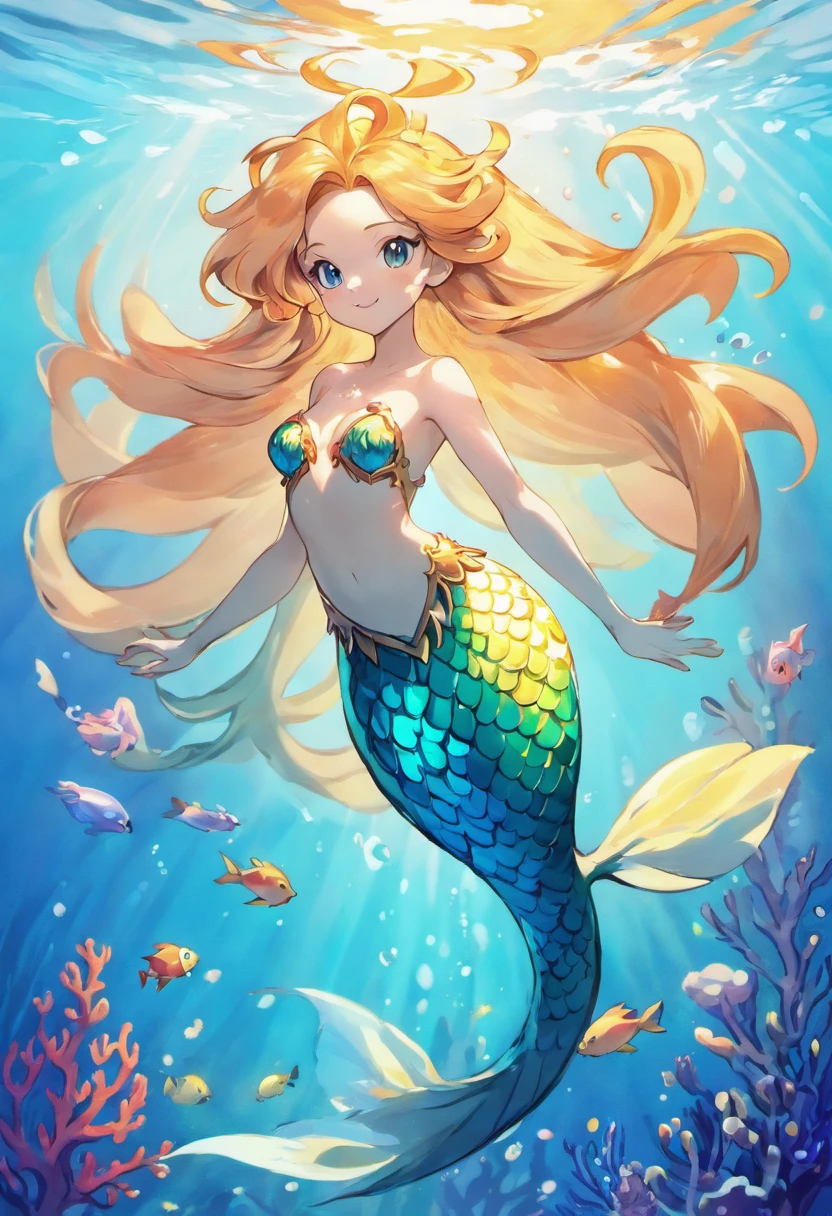 (beautiful,detailed,realistic) lion mermaid, vibrant colors, underwater scene, flowing hair, graceful pose, scales, majestic tail, mesmerizing eyes, shimmering tail fins, coral reefs, tropical fish, ethereal light
