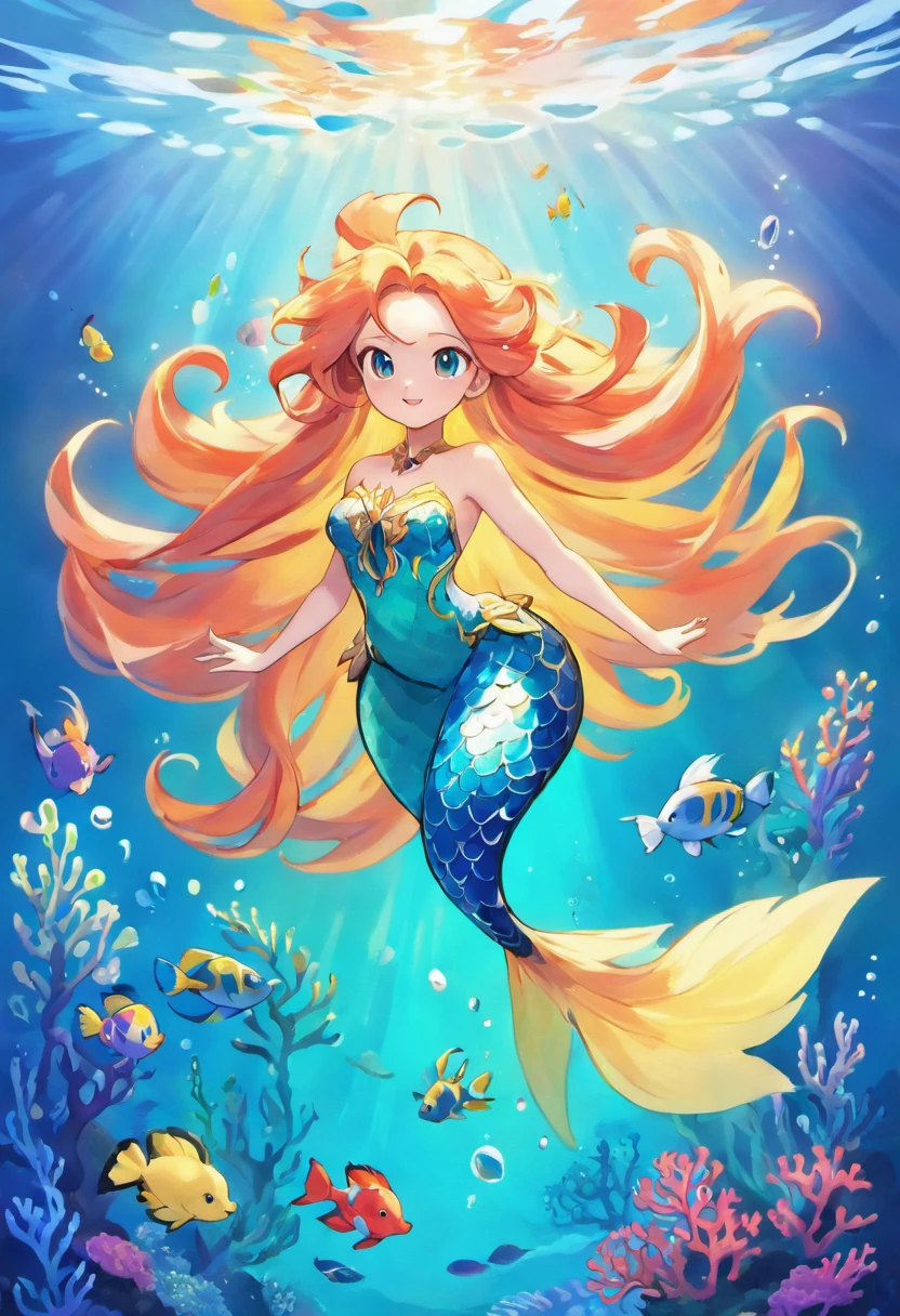 (best quality,4k,8k,highres,masterpiece:1.2),ultra-detailed, Pretty 15 years old princess magically transformed into a beautiful mermaid, race swap, fantastic transformation, none human, steampunk, fish like, wet body, surrounded by small bubbles, long mermaid tail below waistline, fins ears, shimmering red fish scales, drawn in anime style, very long pigtails red hair, sharp teeth, is smiling, pink eyes, small breast, long pelvic and dorsal fins, pair of fish gills on the torso, seashells bra, starfish hair clips, pearl earrings and bracelets, pearl necklace, hair ribbons, gold tiara, ocean depths, swimming underwater, joyful expression, playful mermaid poses, sparkling water, water reflections, ethereal atmosphere, subtle glow, whimsical and enchanting, checking her new body, underwater world, colorful coral reef, magical underwater lighting, vivid colors, breathing underwater, endless ocean depths, sunlight filtering through the water, Highly detailed, masterpiece, high quality, 4K.