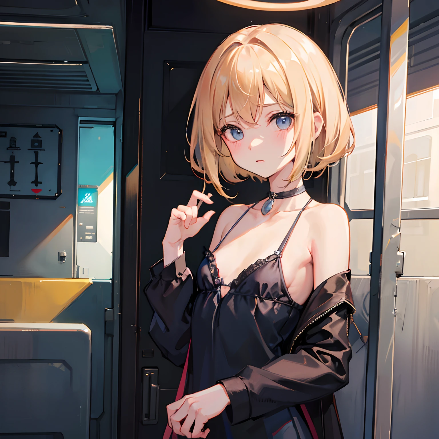 Perfect picture,On the train,{Restrained limbs}{barechested}{Secrecy},12-year-old girl,4K picture quality, Cinematic,,{Gamine},{small body and chest,}, a blond,cute little, perspiring