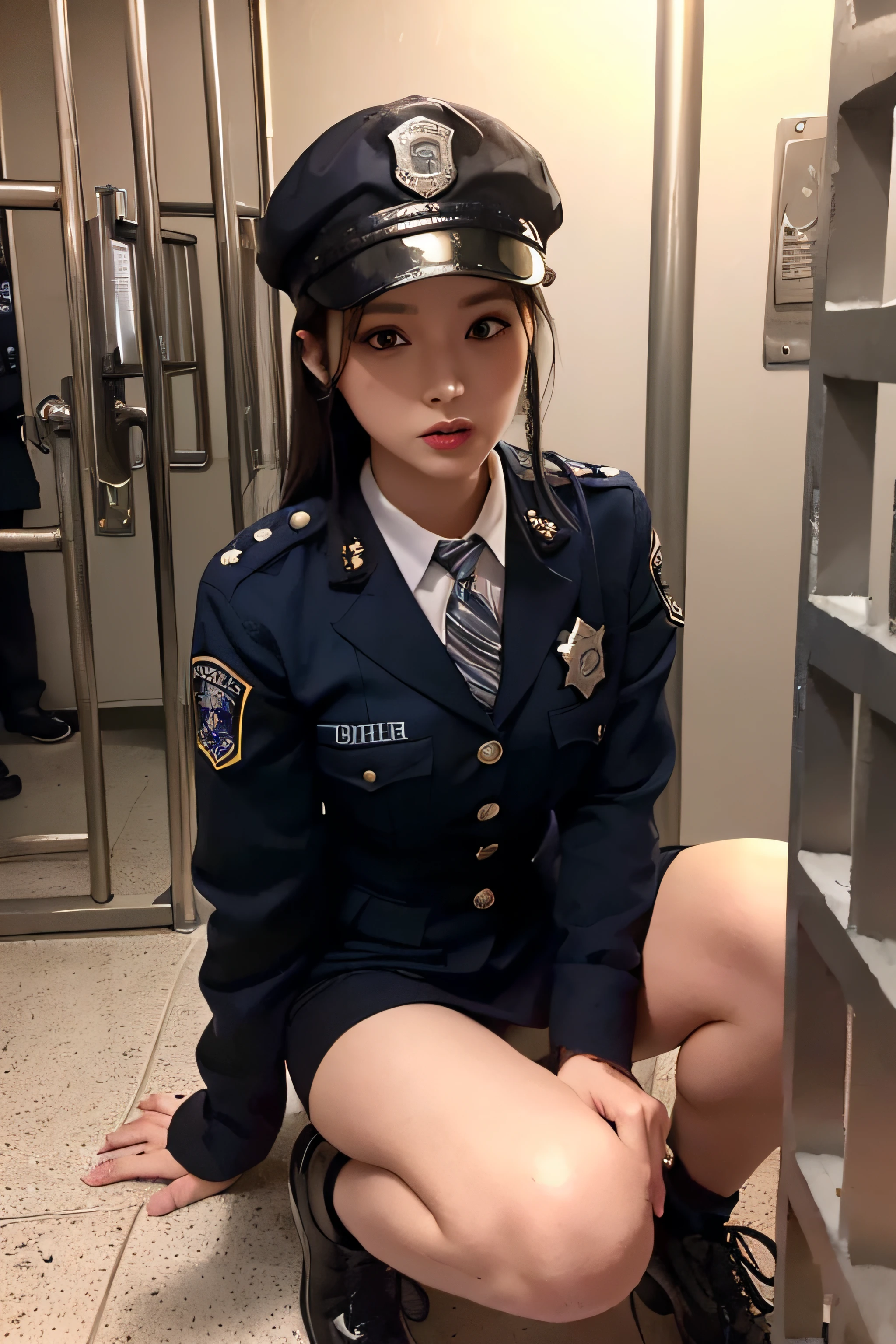 (jail cell:1.6)、1womanl、japanes、(Super Beautiful Female Police Officer)、(beauitful face:1.5)、(A detailed face:1.5)、(A detailed eye)、(Detailed lips)、(Detailed nose)、(Dark blue mini skirt:1.2)、(Dark blue jacket:1.2)、(Dark blue tie)、(white  shirt)、(Dark Blue Hat)、(Police uniform and black shoes:1.5)、(Bare legs:1.2)、(At SFW:1.5)