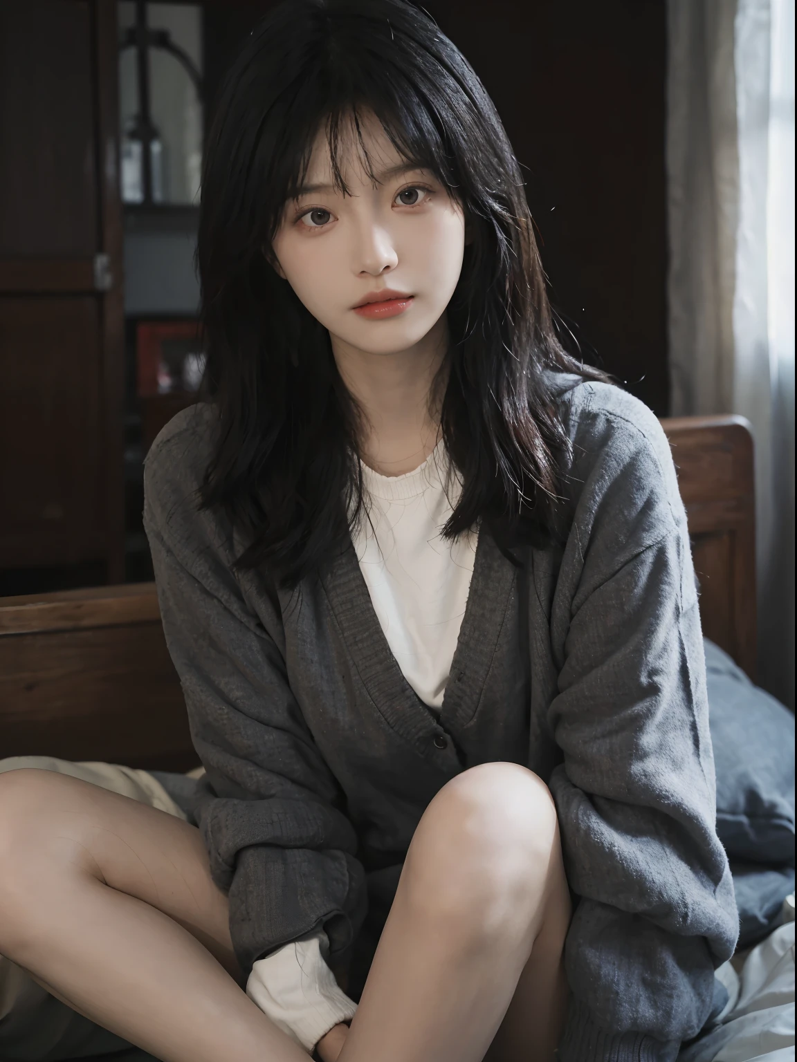 best qualtiy， 超高分辨率， （realisticlying：1.4）， A woman with long black hair and a gray sweater, 中景 the scene is, in a sunbeam，She has black hair，By bangs, young lovely Korean faces, wan adorable korean face, ulzzangs, Shin Jinying, beautiful aesthetic face, Korean face features, Played by Liu Lee Ji Eun ，Beautiful realistic face