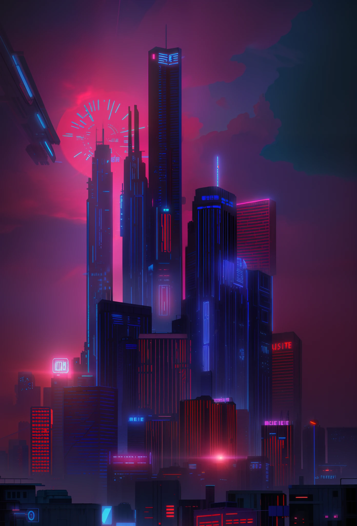 Spotlights in the sky,There is a red and blue sky in the sky, synthwave city, cinematic neon matte painting, in the style of beeple, 3 d render beeple, cinematic beeple, cyberpunk city landscape, dystopian city skyline at night, style hybrid mix of beeple, Futuristic city landscape, the city is on fire, futuristic urban background