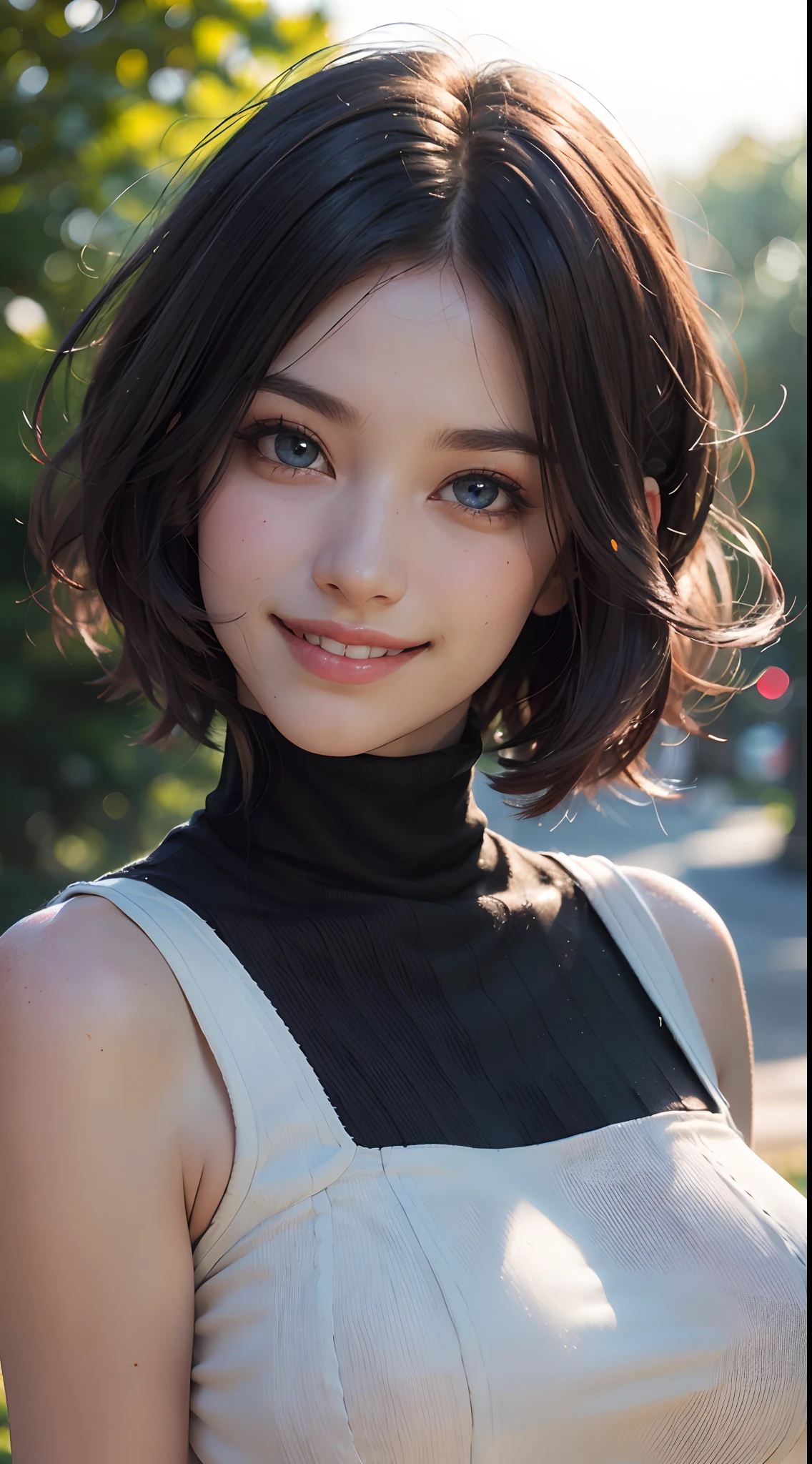 (best quality, 4k, 8k, high-res, masterpiece:1.2), ultra-detailed, (realistic, photorealistic, photo-realistic:1.37), (beautiful detailed eyes, beautiful detailed lips, extremely detailed eyes and face:1.5), (environmental lighting:1.5), physically-based rendering, vivid colors, (big tits, super big tits, super extra big tits:1.5), (black sleeveless turtleneck:1.5), (natural smile:1.5), (bob cut, hair blowing in the wind, shiny hair, shiny skin), (park, blurred background:1.37), (tilt your head to the side:1.5),