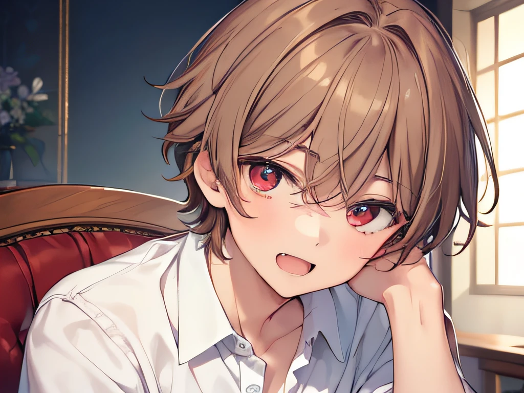 masterpiece,best quality,ultra detailed, ((((solo boy)))), ((-teey)),dynamic angle,light brown hair,red eyes,,hairs between eyes,gentle smile,white shirt, open mouth with skin fang,neutral,perfect face, good looking,slightly cute,