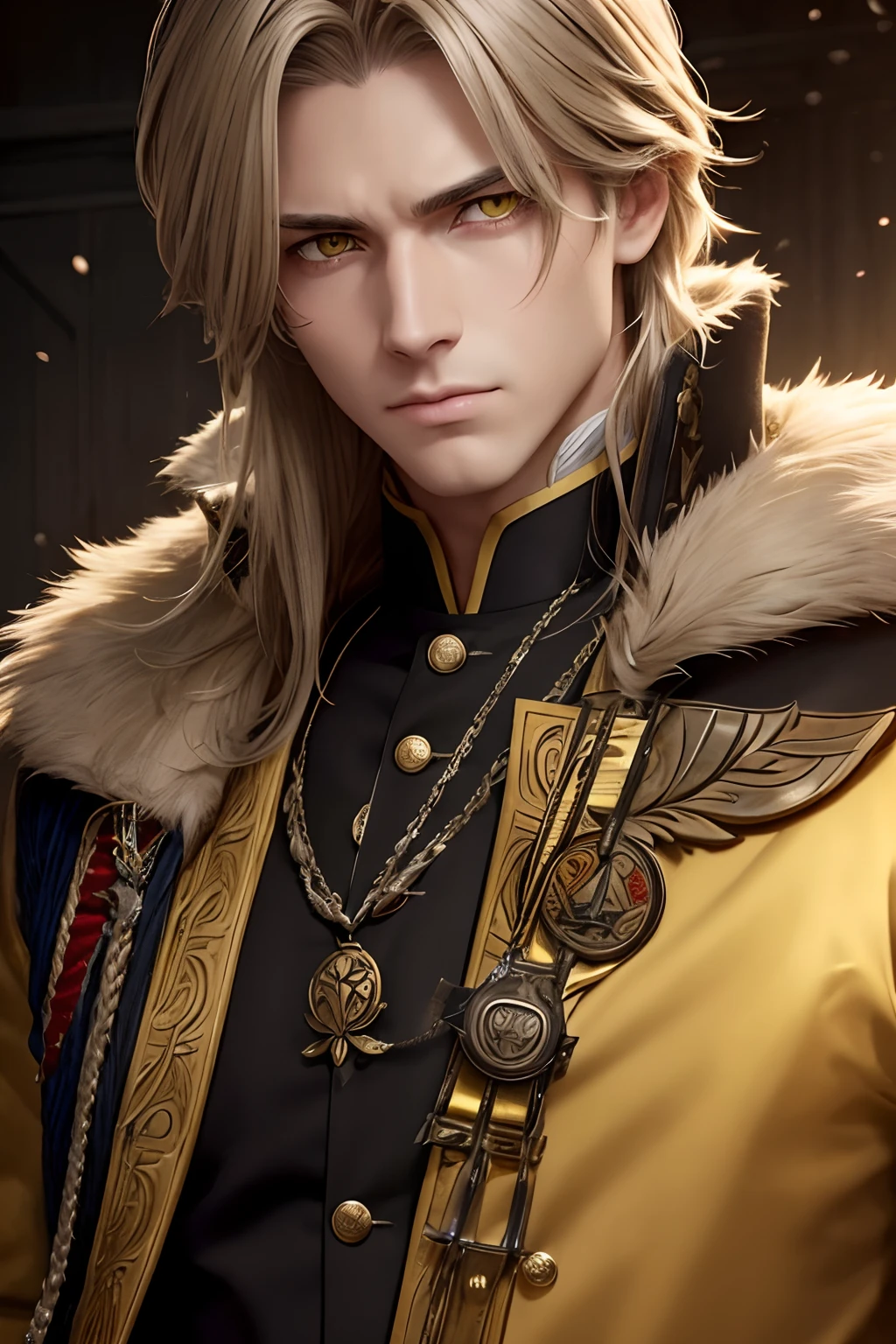 (best quality,highly detailed hd:1.2),man,yellow eyes,ash hair,general outfit with medal