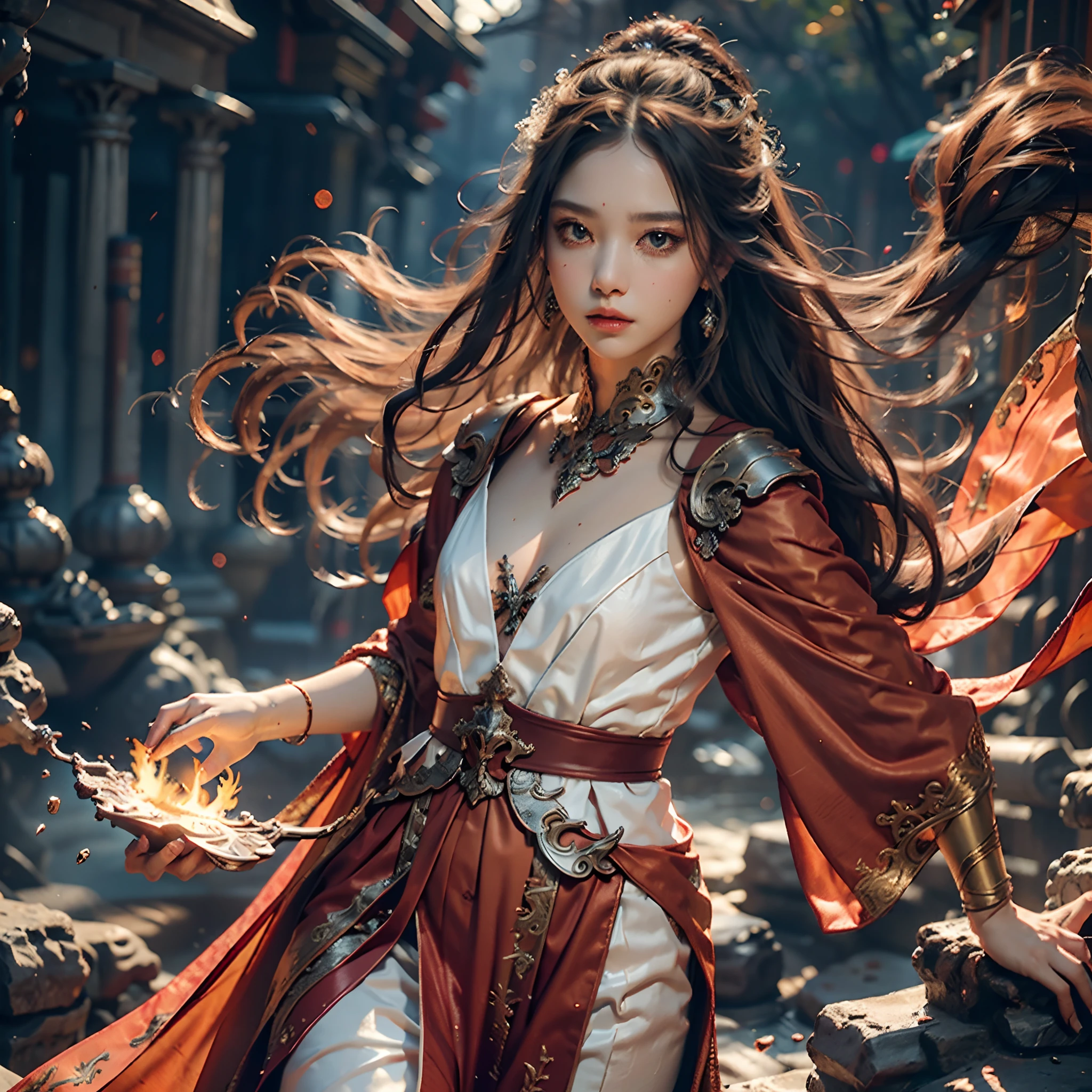 {{master piece}}, pinnacle rendering, realistic rendering, dark red rendering, metal rendering, {{color ink painting}}}, {{splash ink}}}, {{color}}, {{color}}, gorgeous rendering, best quality, illustration, flame, smoke, doomsday world, splash ink fire sea doomsday, full body, 1 girl, exquisite facial details, delicate facial features, real face, beautiful details eyes, deep pupils, broken city details, beautiful details long hair, wavy hair, broken details, transparent mechanical core, cyborg girl, details, cool, tight grooming, lace finishing, linear light costume modification, light rendering, reflection, highlight, holy light, confidence, charm, battle stance detail close-up, fire day, {filigree}, colored background, a dragon stands behind the girl, sea of fire, {tornado special effects}, beautiful details silver dragon armor, (cold face, confident) great depth, depth of field, 360° panoramic picture, fierce and magnificent battle scenes, broken mirrors, fingers all hidden and not displayed, small mouth closed
