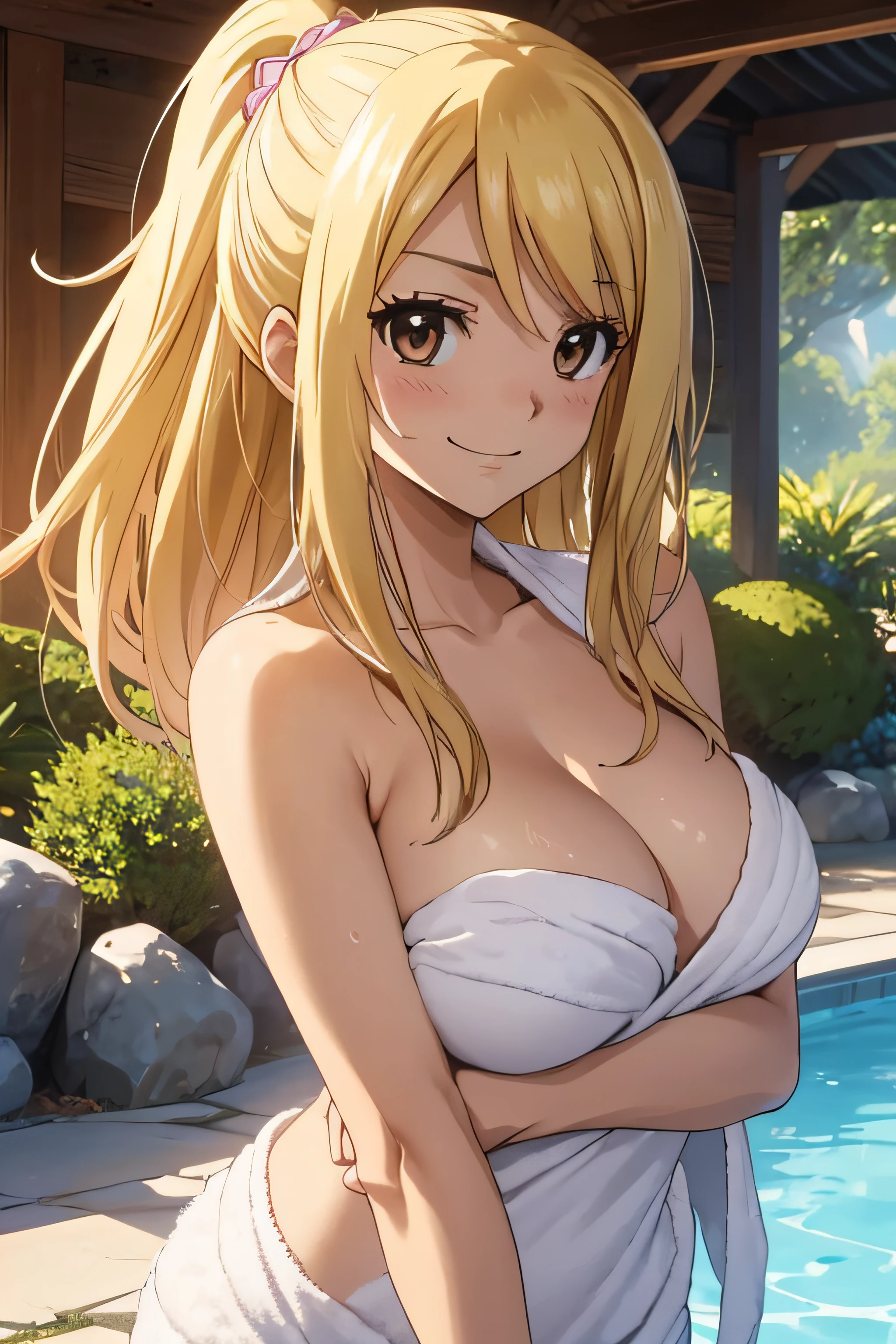 high definition, 8K, detailed face, grabbing her breast, showing her breast, Lucy Heartfilia from Fairytail, ((Dark brown eyes)), ((naked body covered with a towel)), spa, ((large breasts)), slim and thin, body of equal proportions, ((focus on her breast)), front view, four fingers and 1 thumb, ((2 hands)), Blonde hair, Beautiful smile, Smiling at viewer, blushing cheeks,
