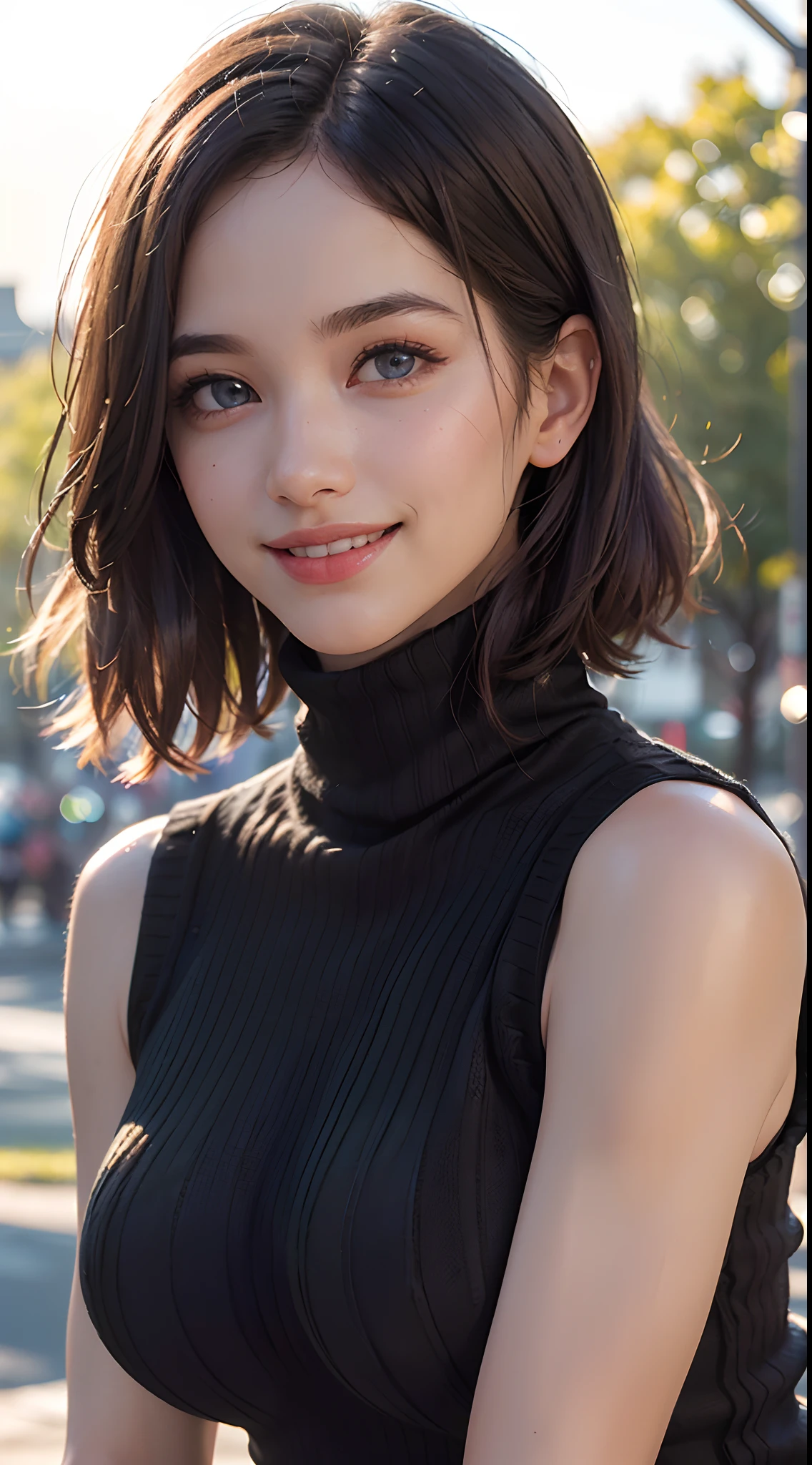 (best quality, 4k, 8k, high-res, masterpiece:1.2), ultra-detailed, (realistic, photorealistic, photo-realistic:1.37), (beautiful detailed eyes, beautiful detailed lips, extremely detailed eyes and face:1.5), (environmental lighting:1.5), physically-based rendering, vivid colors, (big tits, super big tits, super extra big tits:1.5), (black color sleeveless turtleneck knit:1.5), (natural smile:1.5), (bob cut, hair blowing in the wind, shiny hair, shiny skin), (park, blurred background:1.37), (tilt your head to the side:1.5),
