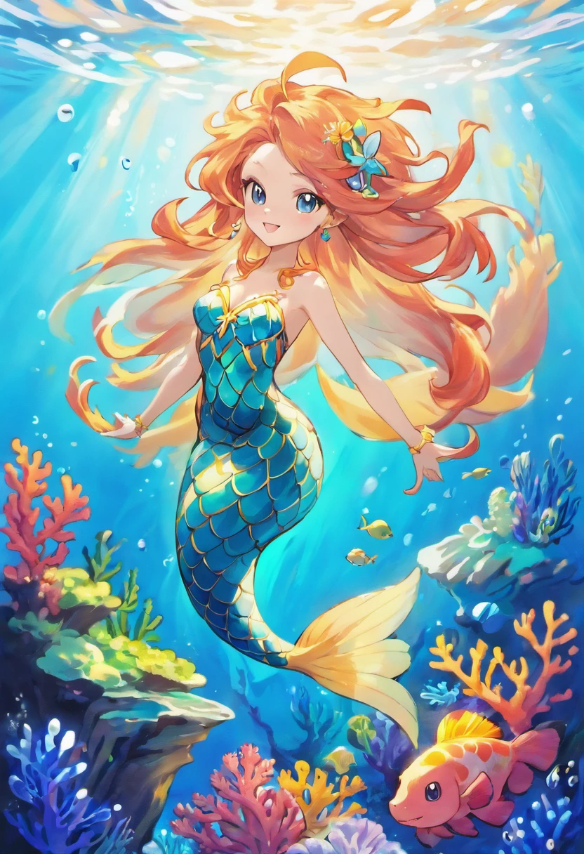 (beautiful,detailed,realistic) lion mermaid, vibrant colors, underwater scene, flowing hair, graceful pose, scales, majestic tail, mesmerizing eyes, shimmering tail fins, coral reefs, tropical fish, ethereal light