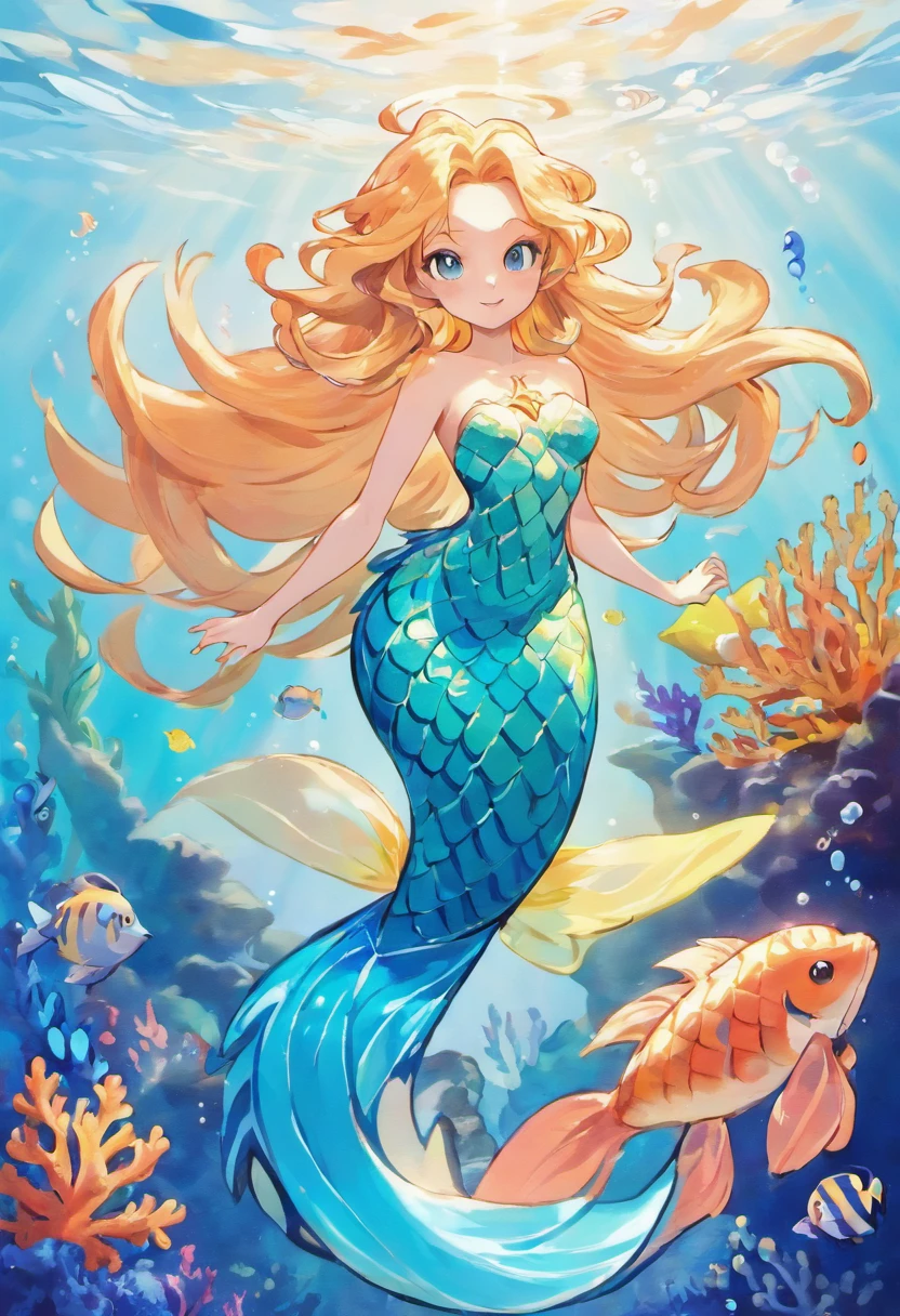masterpiece, best quality, extremely detailed, Mermaid girl, blonde, fluffy hair, long hair, underwater, many fish,