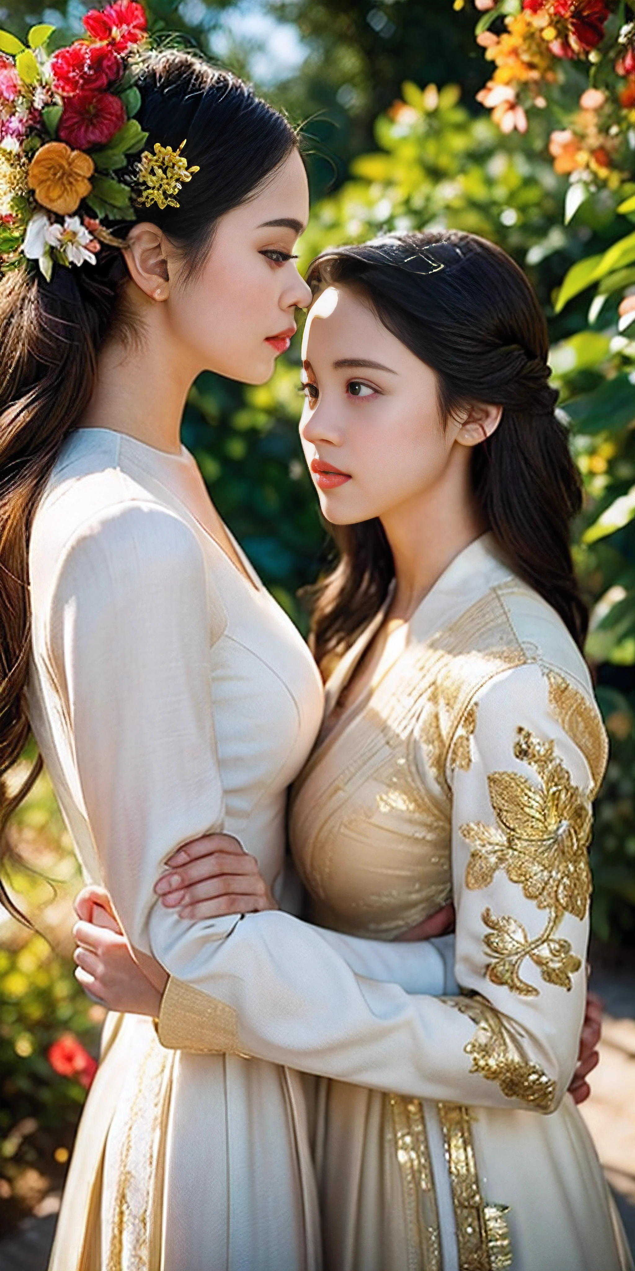A passionate moment between Jenna Ortega and Rachel Ziegler, captured in a high-quality masterpiece:1.2, ultra-detailed, and photo-realistic:1.37. The scene features vibrant colors, sharp focus, and studio lighting. The portrait showcases the beauty and intense emotion of the two girls. Jenna's eyes are beautifully detailed with long eyelashes, while Rachel's lips are exquisitely shaped. Their expressions radiate love and desire. The girls are dressed in elegant attire, perfectly complementing their romantic embrace. The background highlights a picturesque garden, with blooming flowers and lush greenery. The sunlight filters through the leaves, creating a captivating play of light and shadows. The artwork combines the artistry of oil painting with the realism of photography, resulting in a breathtaking fusion of styles.
