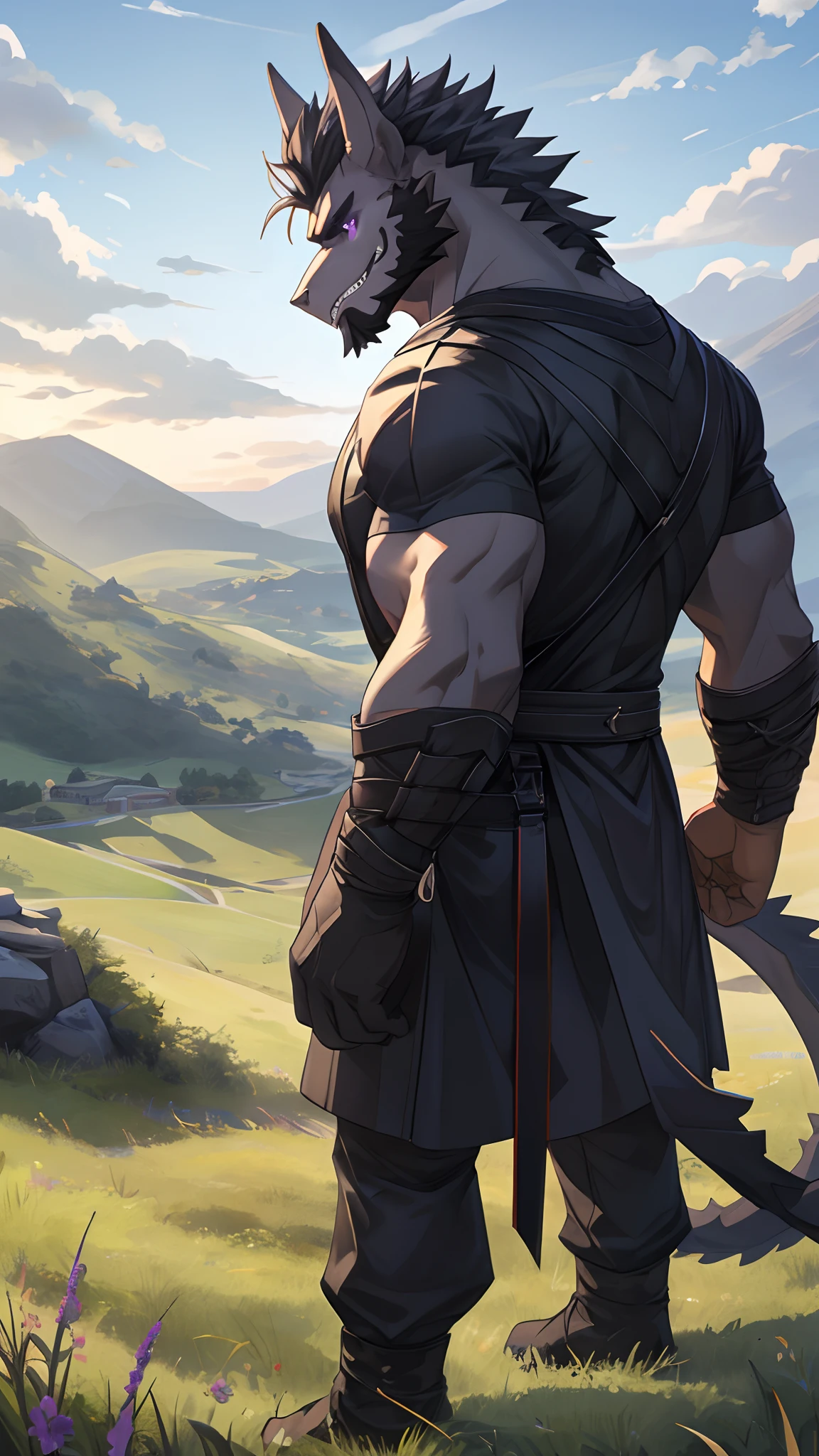 Masterpiece, Cool Pose, Furry Black Dragon, Strong Fit Body, Purple Eyes, Black Pupil, Grey Medium Hair, Grey Facial Hair, Casual Black Set, Fierce, Good looking, teeth, Smirking, Looking To Back, Standing In Grass, High Ground, Morning, Hill Background.