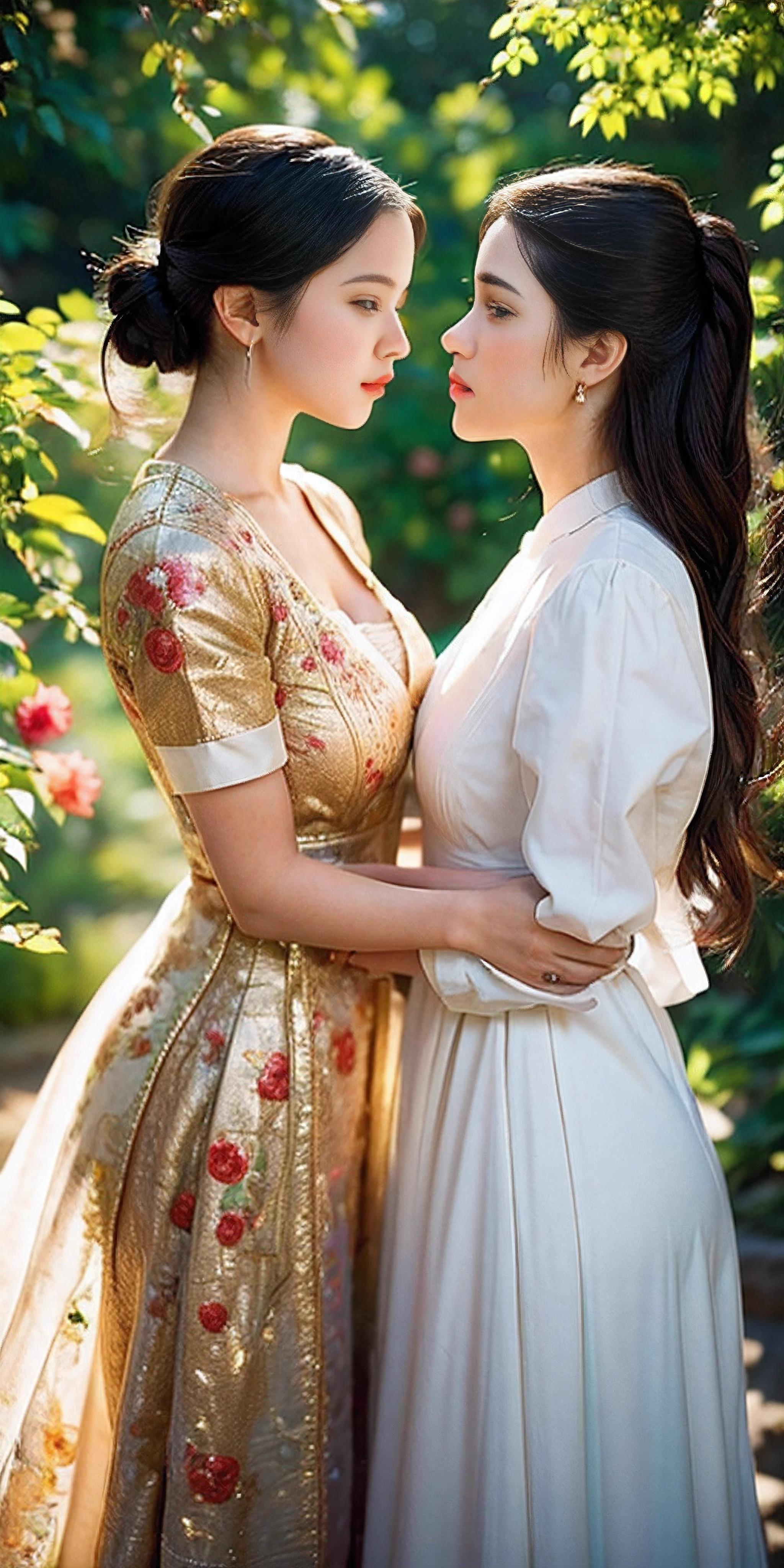A passionate moment between Jenna Ortega and Rachel Ziegler, captured in a high-quality masterpiece:1.2, ultra-detailed, and photo-realistic:1.37. The scene features vibrant colors, sharp focus, and studio lighting. The portrait showcases the beauty and intense emotion of the two girls. Jenna's eyes are beautifully detailed with long eyelashes, while Rachel's lips are exquisitely shaped. Their expressions radiate love and desire. The girls are dressed in elegant attire, perfectly complementing their romantic embrace. The background highlights a picturesque garden, with blooming flowers and lush greenery. The sunlight filters through the leaves, creating a captivating play of light and shadows. The artwork combines the artistry of oil painting with the realism of photography, resulting in a breathtaking fusion of styles.