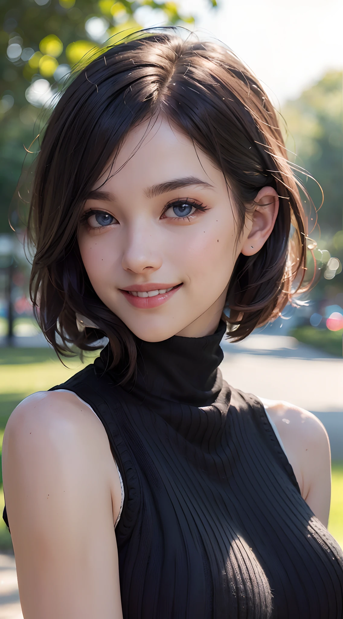 (best quality, 4k, 8k, high-res, masterpiece:1.2), ultra-detailed, (realistic, photorealistic, photo-realistic:1.37), (beautiful detailed eyes, beautiful detailed lips, extremely detailed eyes and face:1.5), (environmental lighting:1.5), physically-based rendering, vivid colors, (big tits, super big tits, super extra big tits:1.5), (black color, sleeveless turtleneck knit:1.5), (natural smile:1.5), (bob cut, hair blowing in the wind, shiny hair, shiny skin), (park, blurred background:1.37), (tilt your head to the side:1.5),