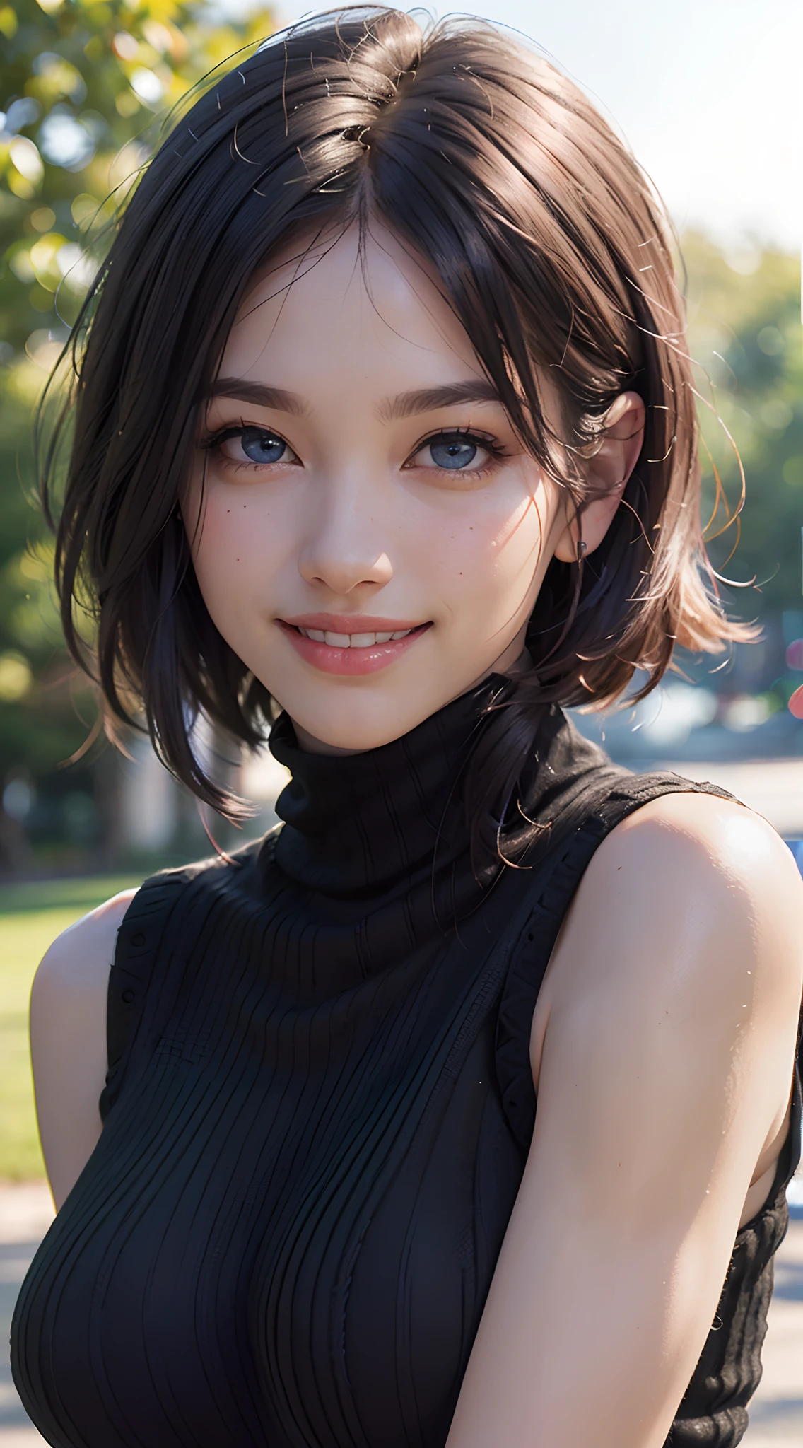(best quality, 4k, 8k, high-res, masterpiece:1.2), ultra-detailed, (realistic, photorealistic, photo-realistic:1.37), (beautiful detailed eyes, beautiful detailed lips, extremely detailed eyes and face:1.5), (environmental lighting:1.5), physically-based rendering, vivid colors, (big tits, super big tits, super extra big tits:1.5), (black color, sleeveless turtleneck knit:1.5), (natural smile:1.5), (bob cut, hair blowing in the wind, shiny hair, shiny skin), (park, blurred background:1.37), (tilt your head to the side:1.5),
