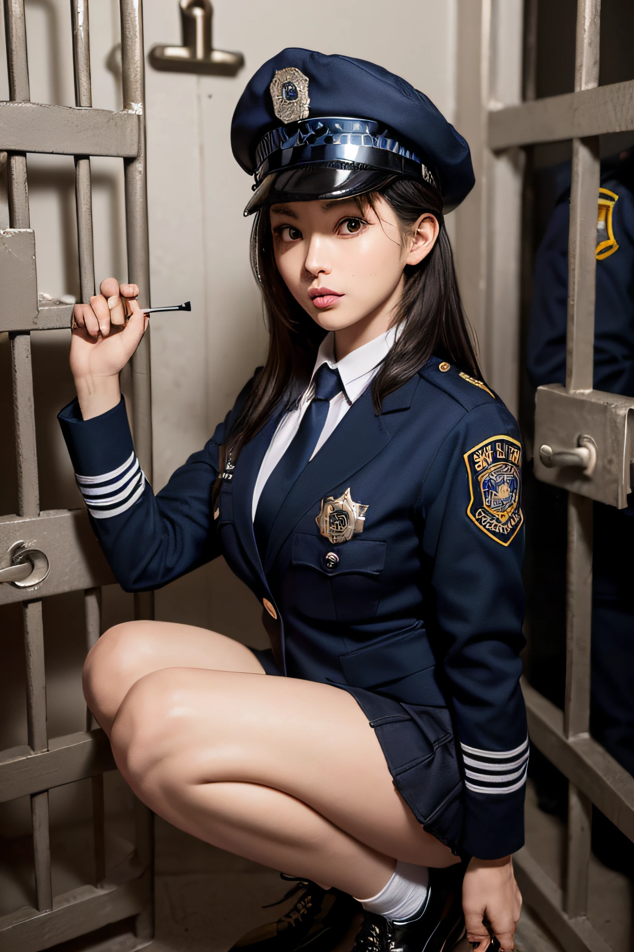 (jail cell:1.6)、1womanl、japanes、(Super Beautiful Female Police Officer)、(beauitful face:1.5)、(A detailed face:1.5)、(A detailed eye)、(Detailed lips)、(Detailed nose)、(Dark blue mini skirt:1.2)、(Dark blue jacket:1.2)、(Dark blue tie)、(white  shirt)、(Dark Blue Hat)、(Police uniform and black shoes:1.5)、(Bare legs:1.2)、(At SFW:1.5)