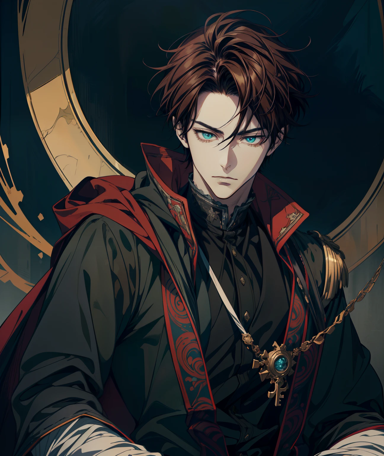 (absurd, high resolution, super detailed), 1 male, black eyes, brown hair, scholarly temperament, all bla anime drawing of a man Regal , 2 d anime style, male anime style, male anime character, anime style character, delicate, in an anime style, he masterpiece, (absurdres:1.1), best quality, extremely delicate, (beautiful face:1.1), elegant, (great composition), realistic rendering, Dungeons and Dragons, Fantasy, octane rendering, zbrush. Character design, photorealistic, unreal mechanism, hyperdetailed, concept art, trend in art season. ((best quality)), ((masterpiece)), ((realistic)), (detail anime drawing of a man Regal , 2 d anime style, male anime style, (Absurdres, Intricate Details, Masterpiece, Best Quality, High Resolution, 8k), 1 male, masculine, young, aged up, dreadful, finely detailed eyes and face, dark red short mustache hair, hazel eyes,  looking down, solo, (full body:0.6), detailed background, detailed face, ( dark fantasy theme:   fog, dark atmosphere, , Depth of Field, VFX. (absurdres, highres, ultra detailed vector shaded anime, full detailed beautiful masterpiece, (absurdres:1.1), best quality, extremely delicate, Victorian era badass anime drawing of a man Regal a close up dark cloak cape hood up Victorian era primary colors Black red white beautiful uniform androgynous prince, delicate androgynous prince, handsome guy in demon slayer art, anime key visual of elegant, handsome prince, tall anime guy with blue eyes, inspired by Okumura Masanobu, anime handsome man, male anime character, anime portrait of a handsome man, key anime art full body shot brown hair Green eyes solider cold look intimidating mature young regal knight FAKE RIGHT ARM PROSTHETIC