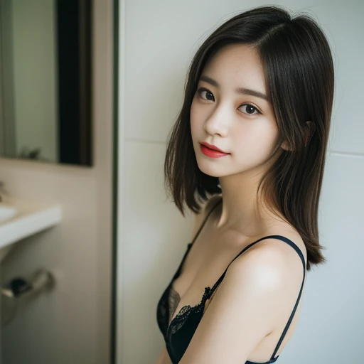 (Top quality, 8K, masterpiece: 1.3), clear focus: 1.2, beauty of perfect style: 1.4, abdominal muscles: 1.2, (black long hair: 1.2), (natural soft light, bathroom: 1.1), (front view viewer: 1.5), highly detailed facial and skin texture, meticulous eyes, double eyelids, Anna style female makeup, (lingerie 1.3)