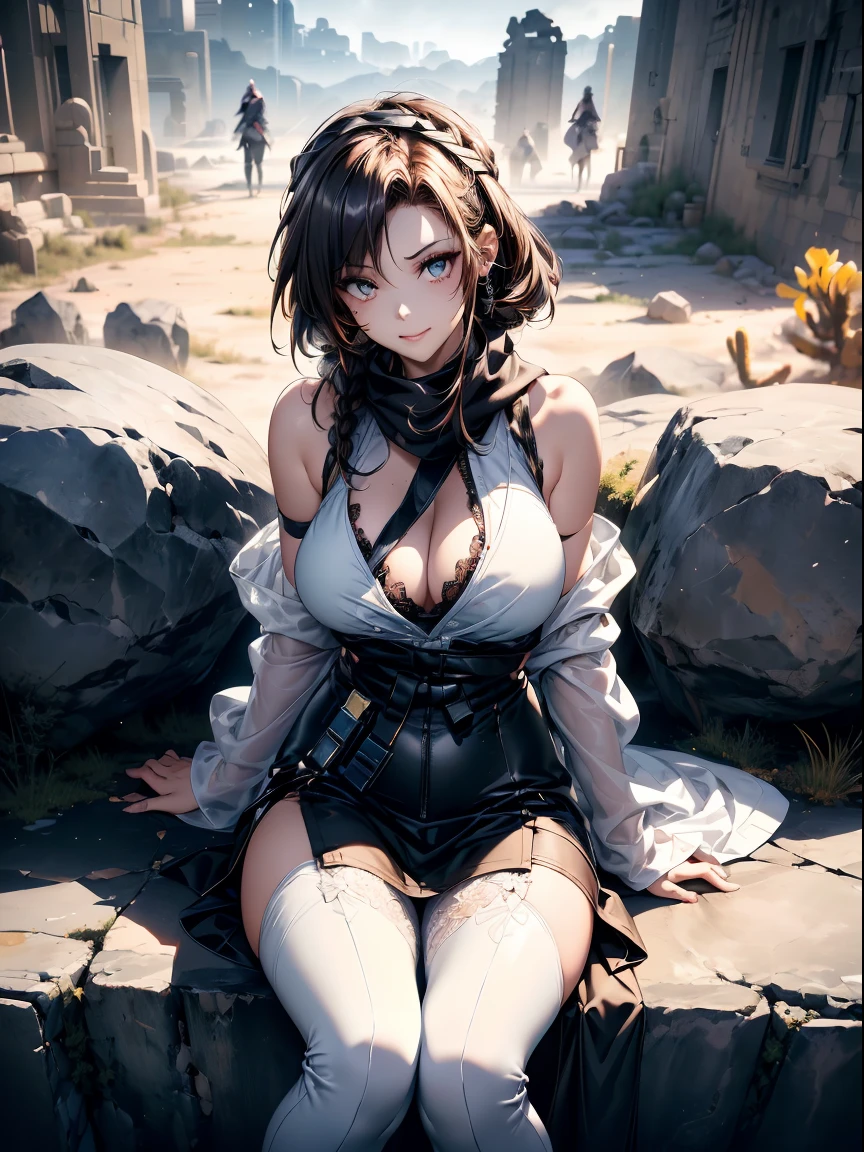 a matured woman with long black hair and a white outfit, (at a rock place in a desert:1.5), (resting in oasis:1.2, holding metal water bottles:1.3, sitting with spreading legs:1.5, Yoga posing, with cross-legged:1.3, Indian style, with lifting arms, in front of Arabic ruins:1.2), Arabic, (Post apocalyptic:0.2), from arknights, artwork in the style of guweiz, bodyesbian, fine details. girls frontline, beautiful anime illustration, from girls frontline, by Yang J, stunning, 26 years old, (milf:1.3), (solo:1.5), (sfw:1.25), sagging breast, fuge breasts, big tits, thin waist, big ass, Raised sexy, (dark mahogany medium short hair, updo, hair over one eye, asymmetric hair, Carly hair, low tied braids),(musulman, white Headscarfs, hair bands, head vandage, Turban), (ultra high resolution, 8K RAW photo, photo realistics, thin outline:1.3, clear focus), best qualtiy, natural lighting, textile shading, blurry back ground, field depth, bokeh, (Bright pupils, fine detailed beautiful eyes with highlight:1.2, high detailed face), Red lip, looking away:1.3, (dynamic angle:1.2, front view:1.2, breast focus:1.3, from above:1.1), dynamic posing, (sexy posing:1.2, leaning forward), seductive smiling:1.2, center image, (wearing white long jacket and clothes, wearing white robes, ((bare breast:1.37)), platinum ornaments, rolling white clothes around waist, camel-brown long leather boots:1.3, translucent lace pantyhose), ((correct anatomy:1.5)), ((outdoor:1.2, in a night:1.3)),