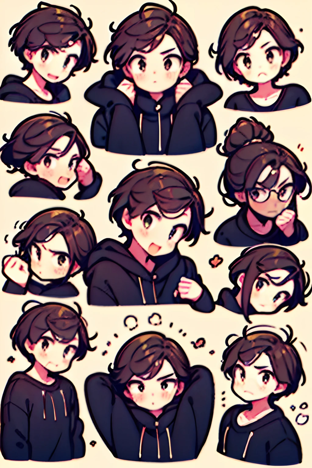 ((Masterpiece)),((Best quality)),((High detail)),Different hairstyles for boys，Short hair，boy，Handsome middle points，juvenile sense，Strange cute expressions，Yellow-brown hair，Q version，Wearing a black sweatshirt，Gray sweatpants，Black colored eyes，it's lovely，ssmile