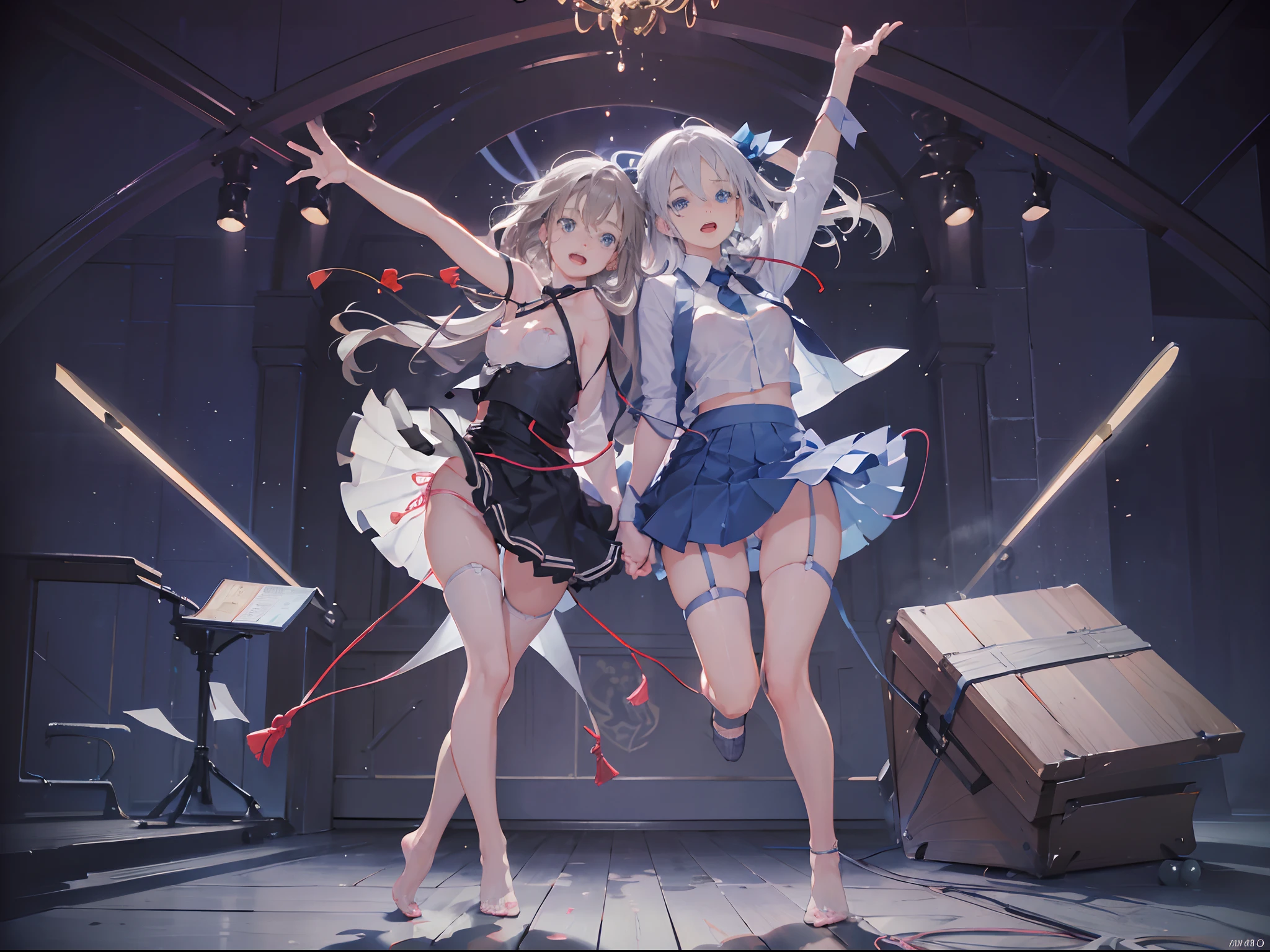 (masterpiece, Best Quality:1.2), 8K, 85 mm, Official art, Raw photo, realistic photo, 2 sisters, silver short hair, (blue eyes, miniskirt, string bra, string panty, big nipples, large areolas:1.2), Idol face, full body, Beautiful Girl, Elegance, Sophisticated, Looking at Viewer, Film grain, chromatic aberration, Sharp Focus, face lights, Dynamic lighting, Cinematic lighting,(( a facial expression full of agony and joy:1.2)), (((tucking up the skirt, cute string panties are visible))), outdoor, live stage, dancing, from back, ,naked