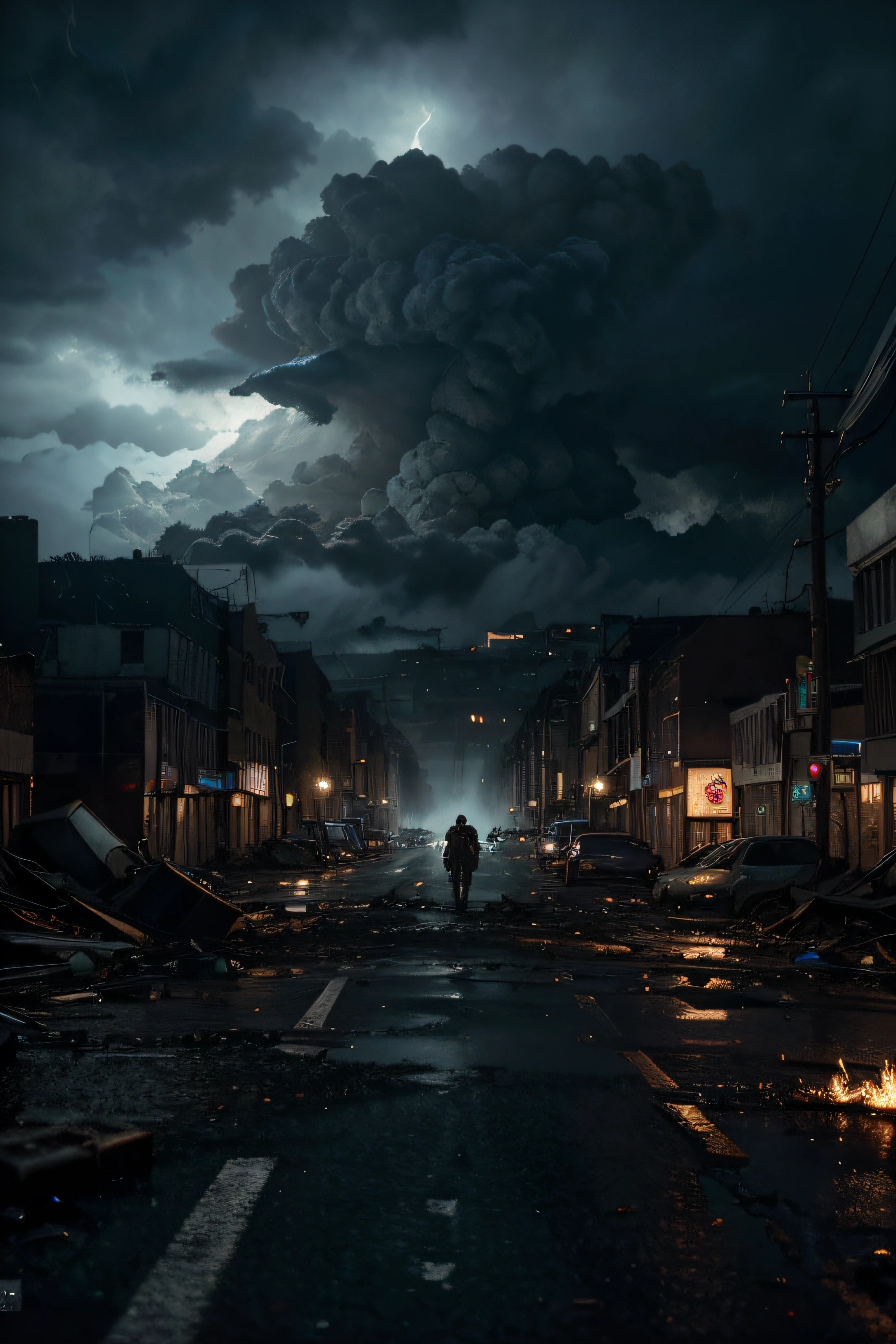 apocalypse hurricane storm,dystopian city, ((a subtle image of demon face appears in the violent clouds)), destroyed buildings,burning wreckage,deserted streets,torrential rain,flashing lightning,howling wind,ominous atmosphere,cracked asphalt,rubble,charred remains,shattered windows,abandoned vehicles,post-apocalyptic chaos,devastation (best quality,4k,8k,highres,masterpiece:1.2),ultra-detailed,(realistic,photorealistic,photo-realistic:1.37),HDR,UHD,studio lighting,extreme detail description,professional,vivid colors,bokeh concept artists,portraits,dark and moody,color grading,dramatic lighting