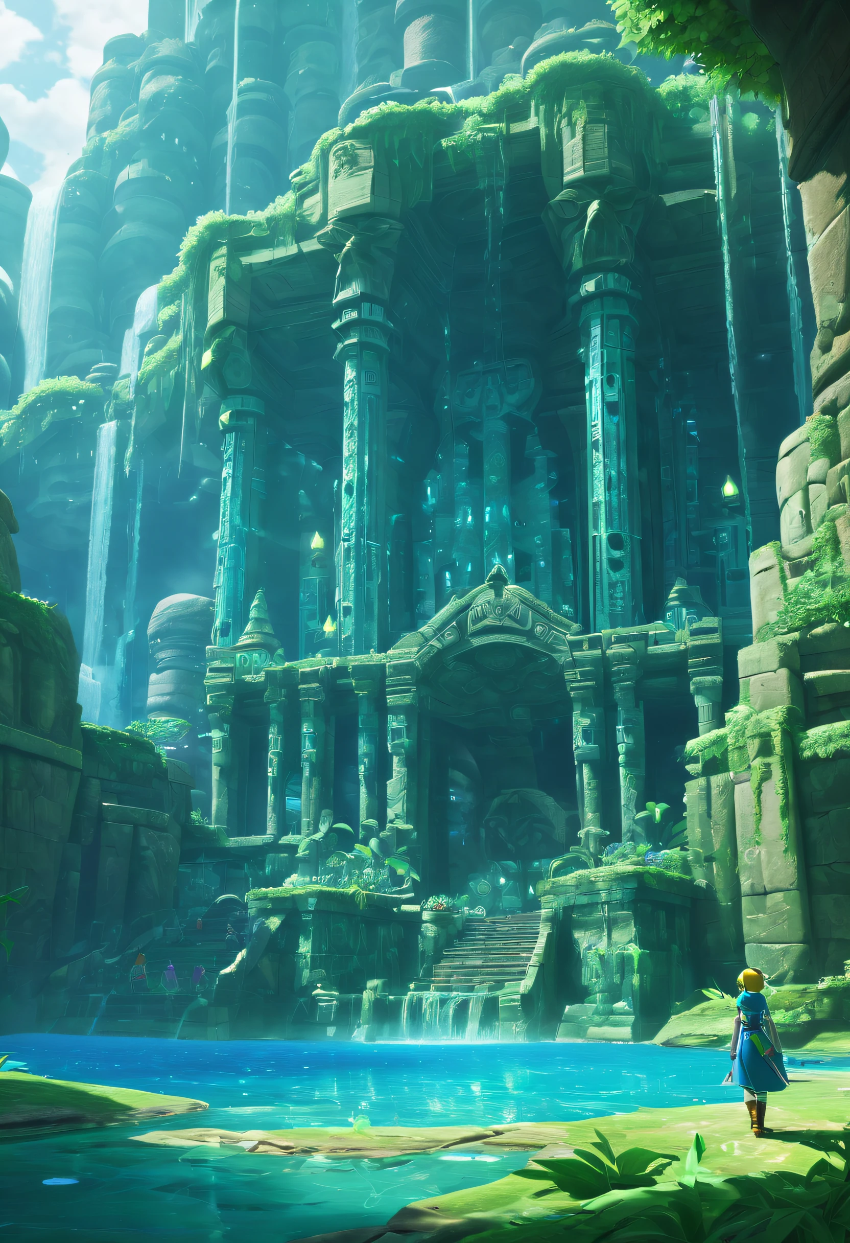 Scenary, game Scenary, ambiance, princess ruto from the legend of Zelda, intricate details, cinematic, in the oras cascade, water temple of tloz, tloz, the legend of Zelda ocarina of time style, panoramic
