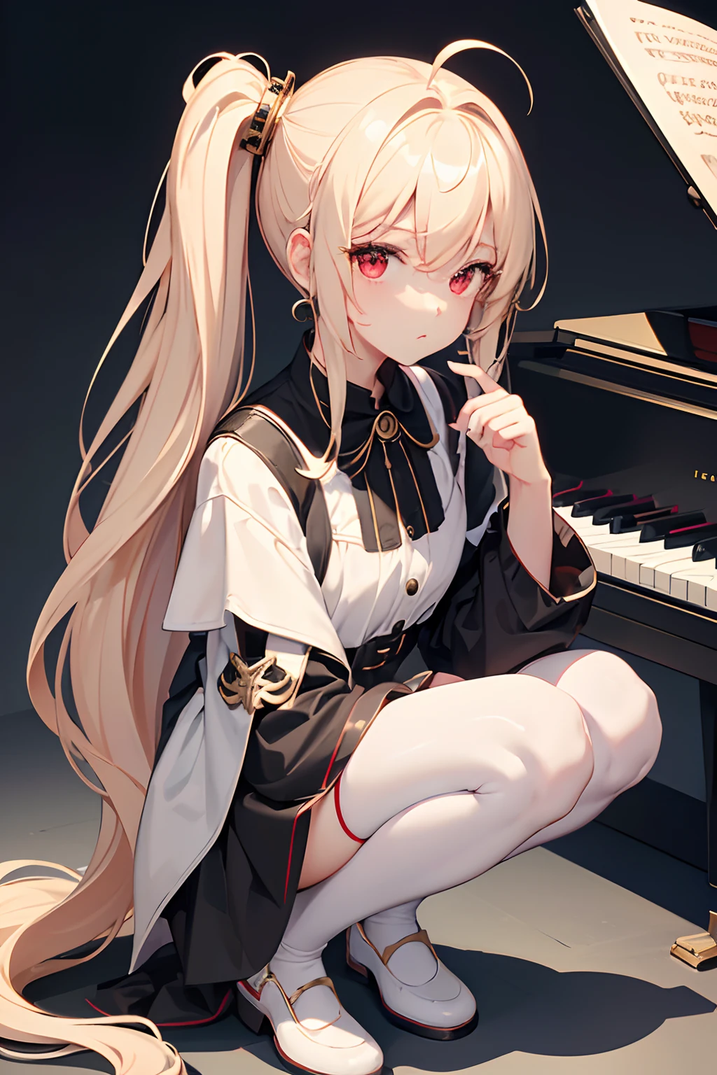 (*****, top-quality, 8K, masterpiece, Top image quality, Hi-Res, super detailing, Ultra HD, (Delicate and smooth skin, real looking skin, Perfect and beautiful face ,Perfect and cute face, high detail skin, Perfect limbs)), girl , ahoge , black bag , black thighhighs , blonde hair , brown dress , handbag , head resting on hand, long hair , looking upwards at viewer , musical note hair ornament , piano , red eyes , side ponytail , solo , thigh strap , white footwear , white jacket , squatting, pouting face