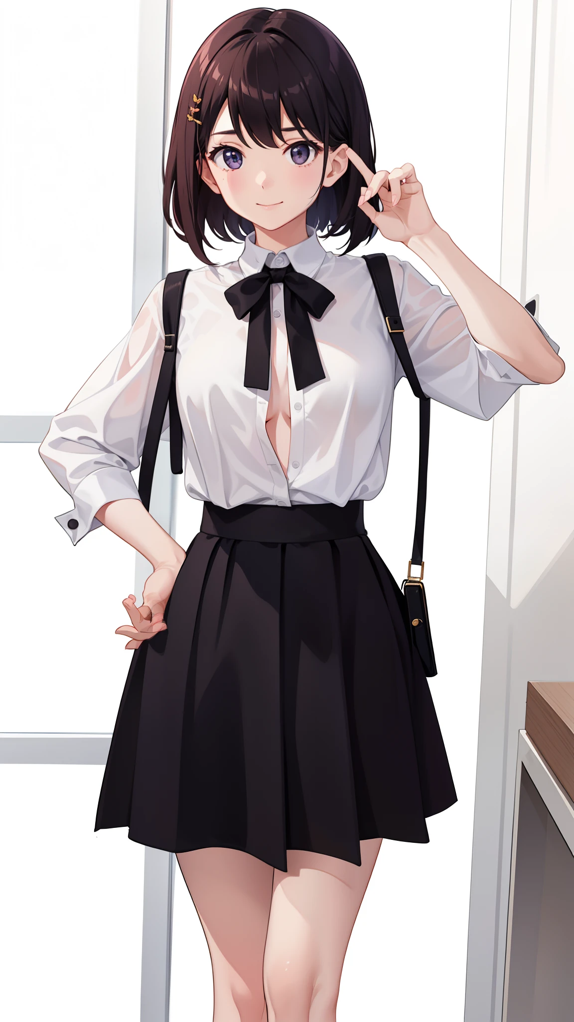 1girl in、imagem 4k、A smile、The shirt、Blouse、（paler）skirt by the、（small tits）Chilarism、movement、