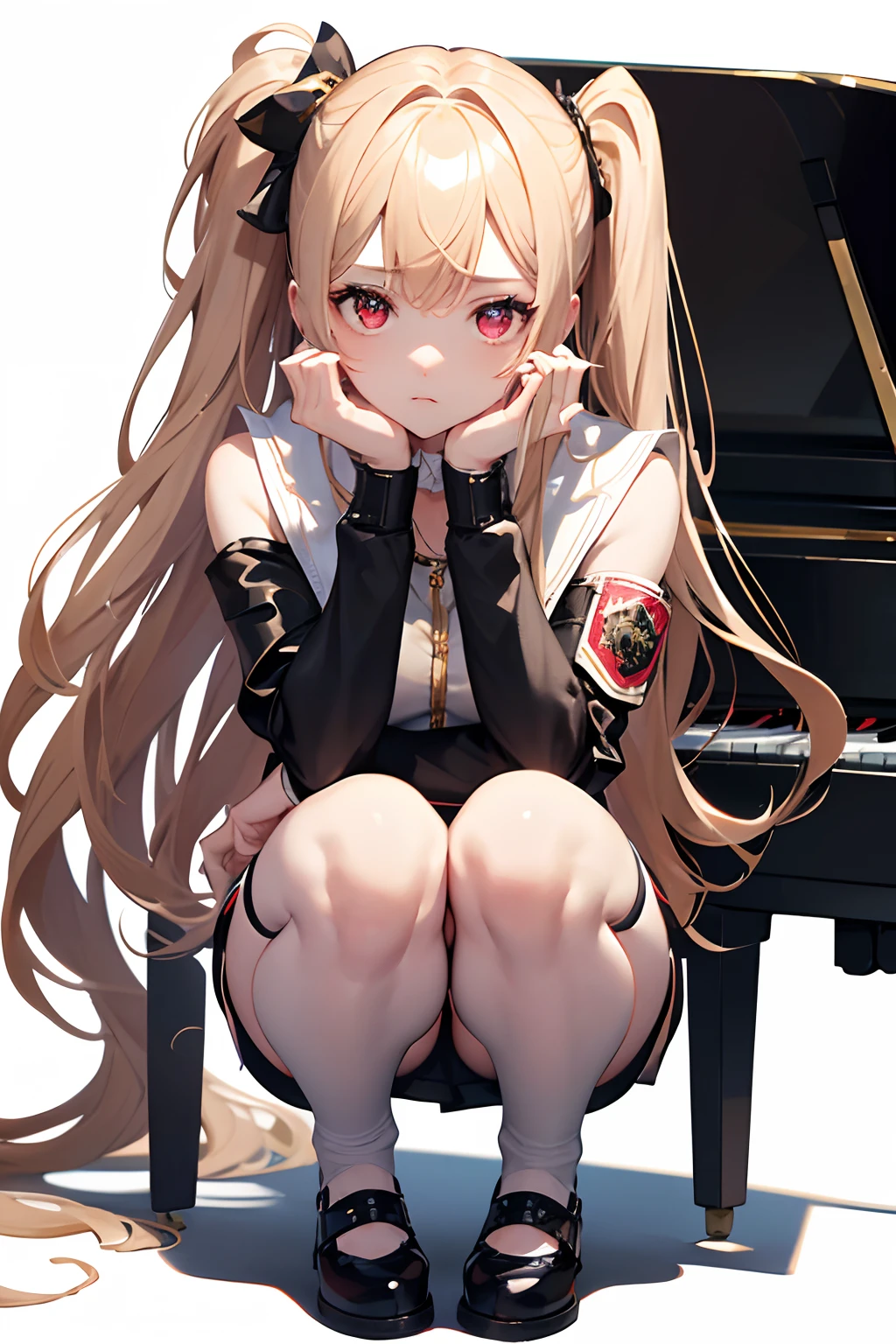 (*****, top-quality, 8K, masterpiece, Top image quality, Hi-Res, super detailing, Ultra HD, (Delicate and smooth skin, real looking skin, Perfect and beautiful face ,Perfect and cute face, high detail skin, Perfect limbs)), girl , ahoge , black bag , black thighhighs , blonde hair , brown dress , handbag , head resting on hand, long hair , looking upwards at viewer , musical note hair ornament , piano , red eyes , side ponytail , solo , thigh strap , white footwear , white jacket , squatting, pouting face