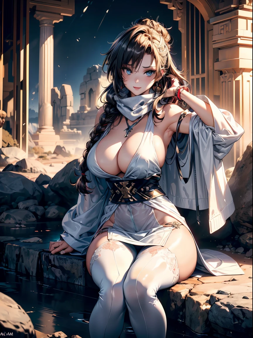 a matured woman with long black hair and a white outfit, (at a rock place in a desert:1.5), (resting in oasis:1.2, holding metal water bottles:1.3, sitting with spreading legs:1.5, Yoga posing, with cross-legged:1.3, Indian style, with lifting arms, in front of Arabic ruins:1.2), Arabic, (Post apocalyptic:0.2), from arknights, artwork in the style of guweiz, bodyesbian, fine details. girls frontline, beautiful anime illustration, from girls frontline, by Yang J, stunning, 26 years old, (milf:1.3), (solo:1.5), (sfw:1.25), sagging breast, fuge breasts, big tits, thin waist, big ass, Raised sexy, (dark mahogany medium short hair, updo, hair over one eye, asymmetric hair, Carly hair, low tied braids),(musulman, white Headscarfs, hair bands, head vandage, Turban), (ultra high resolution, 8K RAW photo, photo realistics, thin outline:1.3, clear focus), best qualtiy, natural lighting, textile shading, blurry back ground, field depth, bokeh, (Bright pupils, fine detailed beautiful eyes with highlight:1.2, high detailed face), Red lip, looking away:1.3, (dynamic angle:1.2, front view:1.2, breast focus:1.3, from above:1.1), dynamic posing, (sexy posing:1.2, leaning forward), seductive smiling:1.2, center image, (wearing white long jacket and clothes, wearing white robes, ((bare breast:1.37)), platinum ornaments, rolling white clothes around waist, camel-brown long leather boots:1.3, translucent lace pantyhose), ((correct anatomy:1.5)), ((outdoor:1.2, in a night:1.3)),