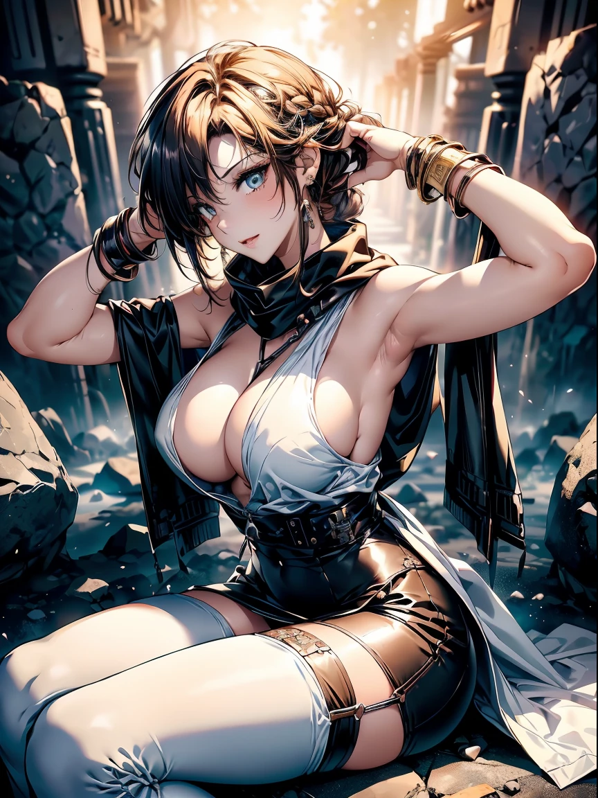 a matured woman with long black hair and a white outfit, (at a rock place in a desert:1.5), (resting in oasis:1.2, holding metal water bottles:1.3, sitting with spreading legs:1.5, Yoga posing, with cross-legged:1.3, Indian style, with lifting arms, in front of Arabic ruins:1.2), Arabic, (Post apocalyptic:0.2), from arknights, artwork in the style of guweiz, bodyesbian, fine details. girls frontline, beautiful anime illustration, from girls frontline, by Yang J, stunning, 26 years old, (milf:1.3), (solo:1.5), (sfw:1.25), sagging breast, fuge breasts, big tits, thin waist, big ass, Raised sexy, (dark mahogany medium short hair, updo, hair over one eye, asymmetric hair, Carly hair, low tied braids),(musulman, white Headscarfs, hair bands, head vandage, Turban), (ultra high resolution, 8K RAW photo, photo realistics, thin outline:1.3, clear focus), best qualtiy, natural lighting, textile shading, blurry back ground, field depth, bokeh, (Bright pupils, fine detailed beautiful eyes with highlight:1.2, high detailed face), Red lip, looking away:1.3, (dynamic angle:1.2, front view:1.2, breast focus:1.3, from above:1.1), dynamic posing, (sexy posing:1.2, leaning forward), seductive smiling:1.2, center image, (wearing white long jacket and clothes, wearing white robes, ((bare breast:1.37)), platinum ornaments, rolling white clothes around waist, camel-brown long leather boots:1.3, translucent lace pantyhose), ((correct anatomy:1.5)), ((outdoor:1.2, in a night:1.3)),