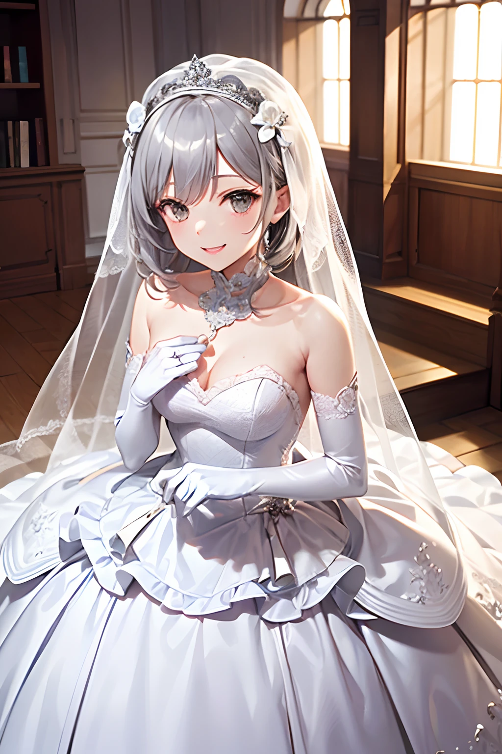 (masutepiece)(high-level image quality):1:3) femele((Adults)) White Long Gloves((blanche)(gloves)) weddingdress The hair(Long)(Grey hair) a smile chies