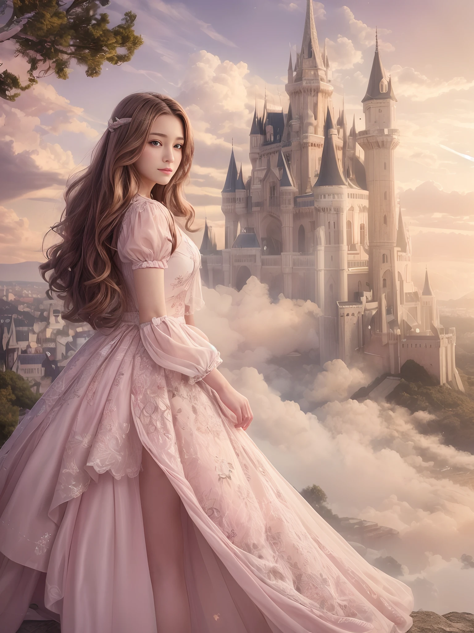 (Raw photo:1.2), (Photorealistic), Beautiful detailed girl, Very detailed eyes and face, Beautiful detailed eyes, Huge file size, High resolution, Very detailed, Best Quality, [masutepiece:1.6], Illustration, Very detailed, Fine detail, Best Quality, 8K Wallpaper, Movie Lighting,-yeld beiful princess dressed in a pink dress posing near a castle on a hill, 1girl, beautiful face, castle, dress, solo, long hair, pink dress, tiara, outdoors, sky, day, high heels, pink footwear, bare shoulders, short sleeves, puffy sleeves, princess