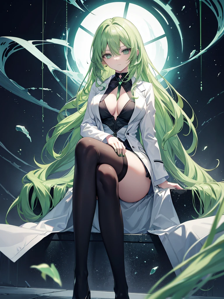 1girl, anime girl, green emerald hair, very long hair, green emerald eyes, perfect body, cold beauty, ice queen, mature woman, mature look, mature appearance, mature body, long legs, big breasts, high quality, long black stockings, white doctor coat, black skirt, black heel, black choker, masterpiece, slender body, arrogant expression, disinterested expression, dominant expression, dominant appearance, intelligent appearance, goddess, mature face, slightly curly hair, 4k wallpaper, scientist clothes, doctor clothes, sitting cross-legged