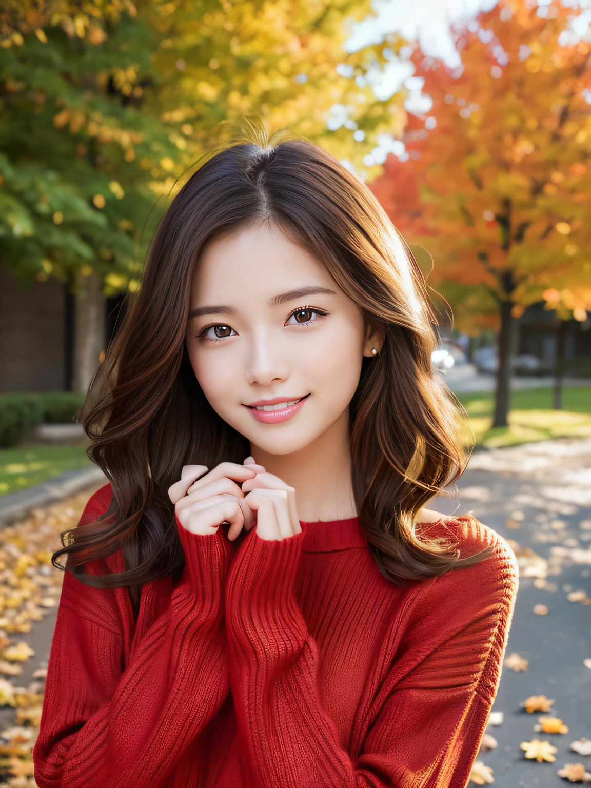nice smile seeing this、One pretty woman、Daring Sexy Pose、a smile、18 year old girl、Cute

Under the Autumn Sky、Colorful red sweater、Medium Wavy Hair、small tits、Natural Color Lip、


masutepiece、top-quality、illustratio、ultra-definition、Fine、hight resolution、8k wallpaper、Perfect dynamic composition、beatiful detailed eyes、Clean and correct hands、tre anatomically correct、foco nítido
