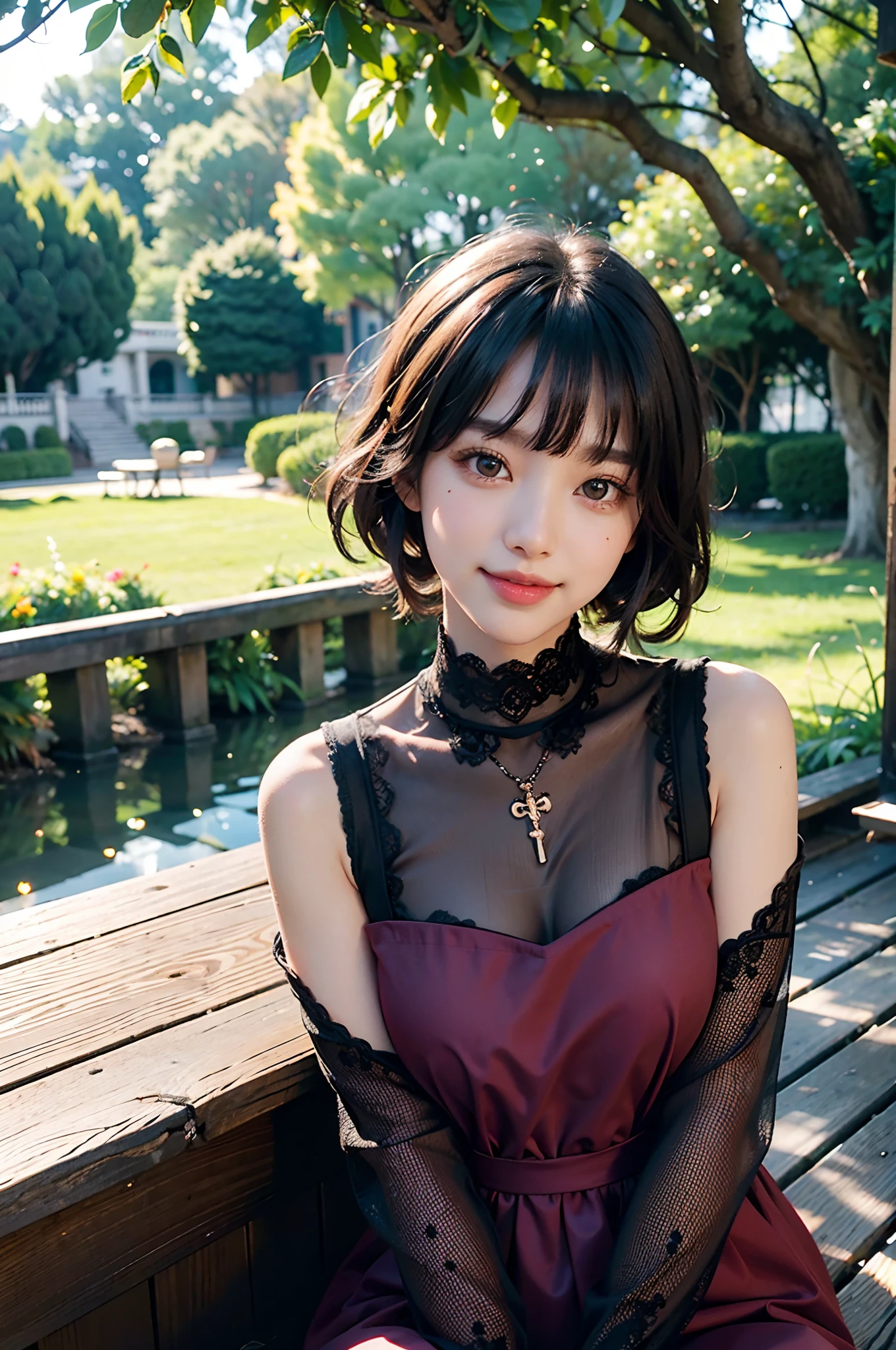 (masuter piece:1.3)、(8k、Photorealsitic、RAW Photography、top-quality: 1.4)、(1girl)、beautiful countenance、(lifelike face)、(A dark-haired、short-hair:1.3)、Beautiful hairstyle、bangss、A slight smil、smil、realisticeyes、gloss、highlight、Highlights in the eyes、eye lashes、Beautiful details、（real looking skin）、Beautiful skins、Transparency、busts、A slight smil、smil、a smile、tusk、absurderes、enticing、超A high resolution、A hyper-realistic、high-detail、the golden ratio、Clear eyes、Wet、mole、Look into the camera、ear、glitter、long neck、Double eyelids、Big eyes、teak、kind personality、charming personality、gentle、Moving、Overwhelming attraction、bright character、see-throug,
black lace,
Sweetheart Neck,
Turtle neck,
pantyhose,
((Burgundy party dress)),
 
black hair,
(diagonal bangs),
half updo,
long hair,
pink eyes, 

looking atviewer,
Beauty,
(Smile),
gentle smile,Friendly ,

cowboy shot,

tooth, 
shiny skin,
((front)),
antique,
dramatic light,
blurry background,
Happy,