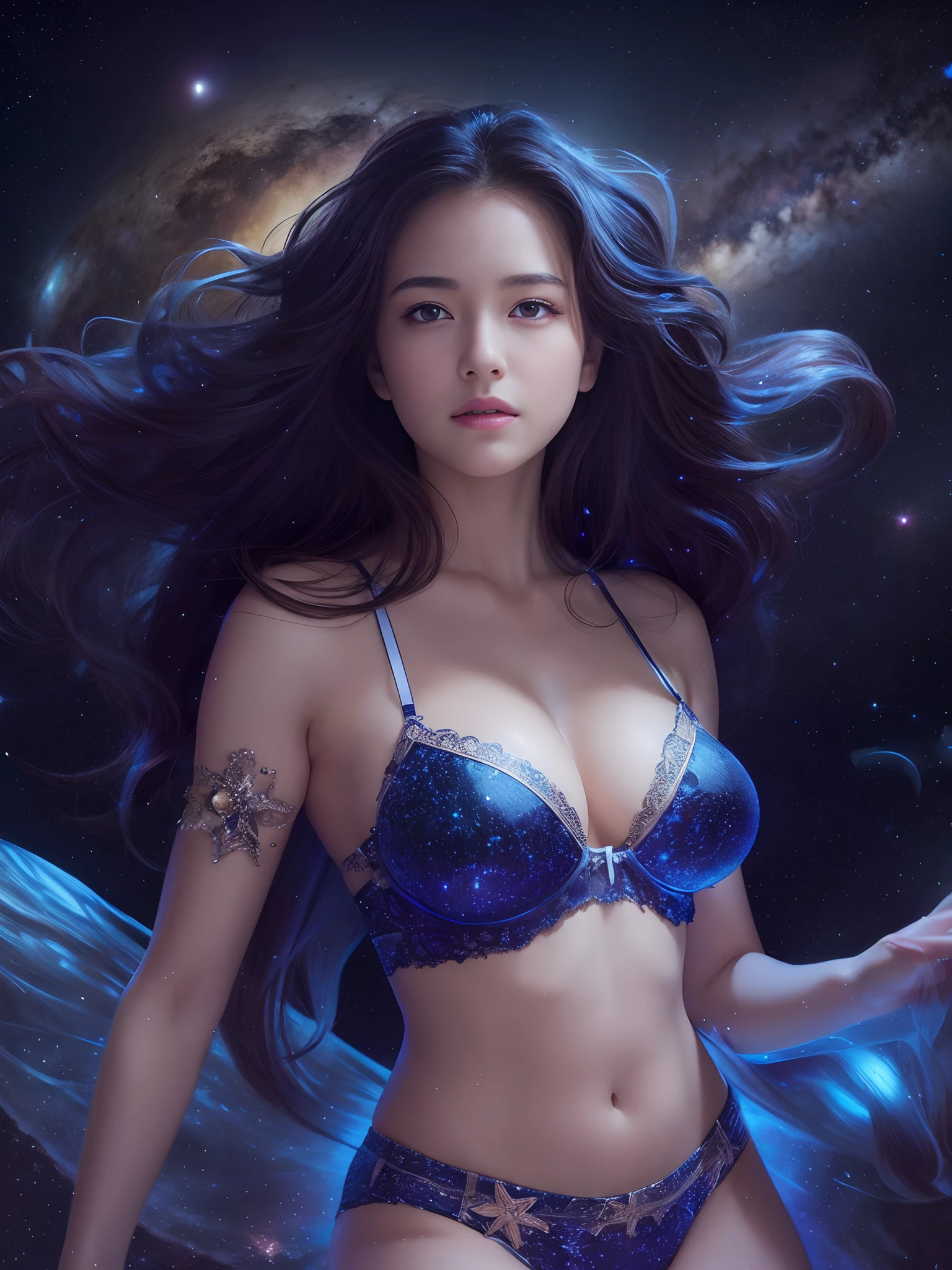 (Raw photo:1.2), (Photorealistic), Beautiful detailed girl, Very detailed eyes and face, Beautiful detailed eyes, Huge file size, High resolution, Very detailed, Best Quality, [masutepiece:1.6], Illustration, Very detailed, Fine detail, Best Quality, 8K Wallpaper, Movie Lighting,Vast 15-year-old beautiful goddess of the Milky Way galaxy, Underwear only, Underwear made of stardust, Underwear with a constellation design,Beautiful woman, Beautiful face, Crystal Shoes, Detailed skin,Detailed face,Detailed eyes, Long hair reminiscent of the darkness of the night sky, A large gemstone pendant reminiscent of space, The twinkling trail of a falling star
