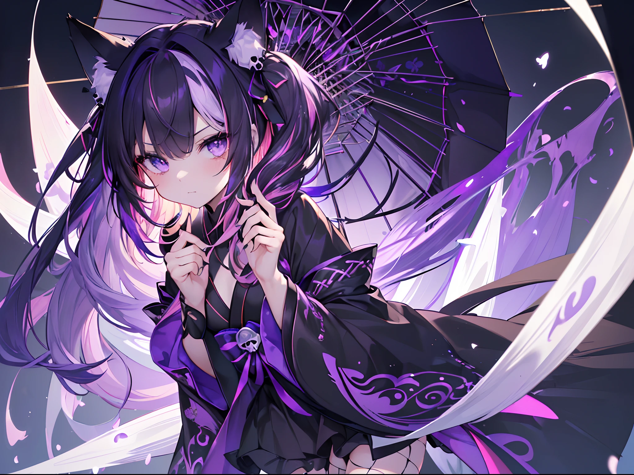 masterpiece, best quality, super fine illustration, perfect anatomy, perfect eyes, correct anatomy, perfect proportion, perfect face, perfect hands, perfect legs, perfect fingers, perfect hands, professional lighting, best quality, ultra detailed, extremely delicate and beautiful, 4k, 8k,,1girl, fox girl, (((multicolored hair:1.2)(white 1.2)(purple 1.2), fox ears, long Hime hair, fox tail, black kimono with flowers ,umbrella, fishnet, SHY expression, perfect skull ribbon, lavender eyes, close up ,fit to frame, solid green background, masterpiece, best quality, super fine illustration, perfect anatomy, perfect eyes, correct anatomy, perfect proportion, perfect face, perfect hands, perfect legs, perfect fingers, perfect hands, professional lighting, best quality, ultra detailed, extremely delicate and beautiful, 4k, 8k,,1girl, cyber fox ears, cyber fox tail, cute face, gothic cross ear rings, black dress, purple hair and black hair, layered hair, black skirt, fishnet stockings, lavender eyes, green background