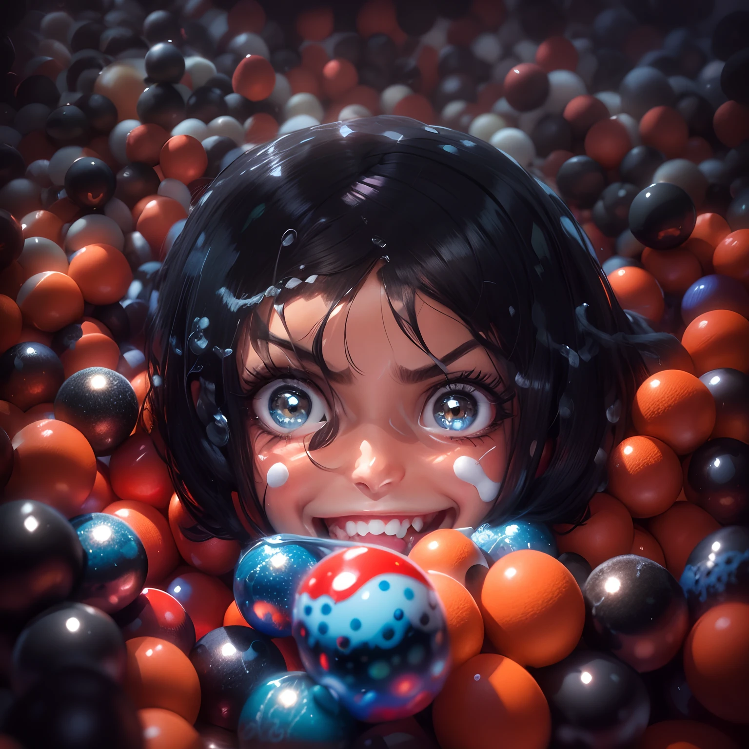 menina com cabelo preto, olhos brancos,  sorriso maligno, Ball Pool Scenery