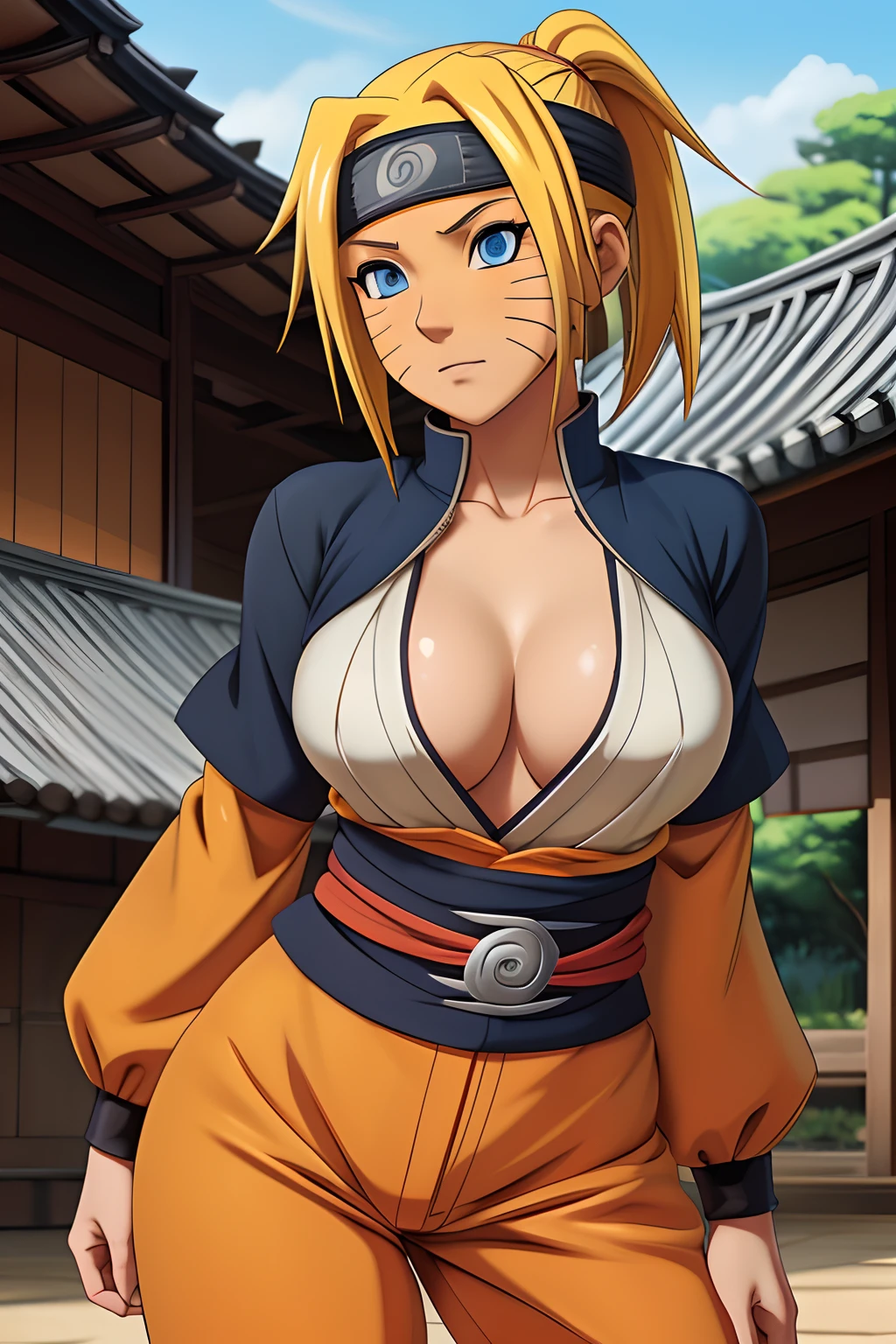 Ninja Girl, ((short Yellow hair)), ((beatiful face)), Charming, sexy facial expression, is looking at the camera, ((Skin color: white)), Body glare, ((Clear eyes)), ((Beautiful Female Eyes)), ((dark blue eyes)), ((Perfect Sexy Figure)), ((Ideal body shapes)) , big thighs, ((Subtle and beautiful)), ((Naruto Uzumaki's orange outfit, sexy cleavage, Konohagakure Headband)), Sexy stance, in full height, background: Konoha, Hidden Leaf Village, 19th century Japanese village, Depth of field, ((ultra quality)), ((tmasterpiece)), ((clear image)), crisp details, Realistic, Professional Photo Session, ((Clear Focus)), the anime, Colorfully drawn, NSFW