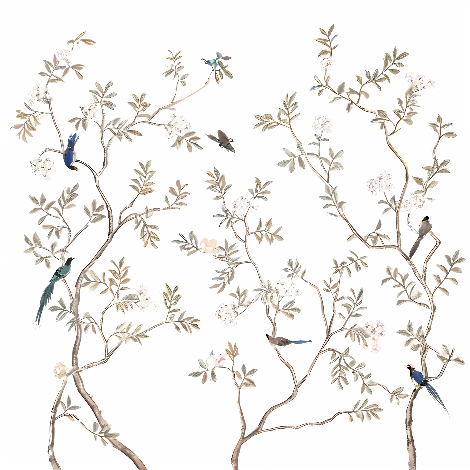 Many birds sat on the branches, chinoiserie pattern, chinoiserie wallpaper, oriental wallpaper, Birds and trees, birds and butterflies, insects and birds, author:Shen Shizhen, delicate garden on paper, shaxi, detailed trees in bloom, victoriana, Birds on cherry trees, Chinese style painting, wallpaper design, Chinese painting style