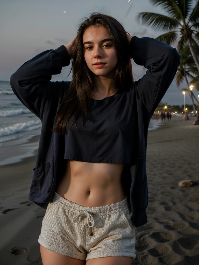 random cinematic portrait cute sexy outfit 18 years old girl, straight hair, night in beach