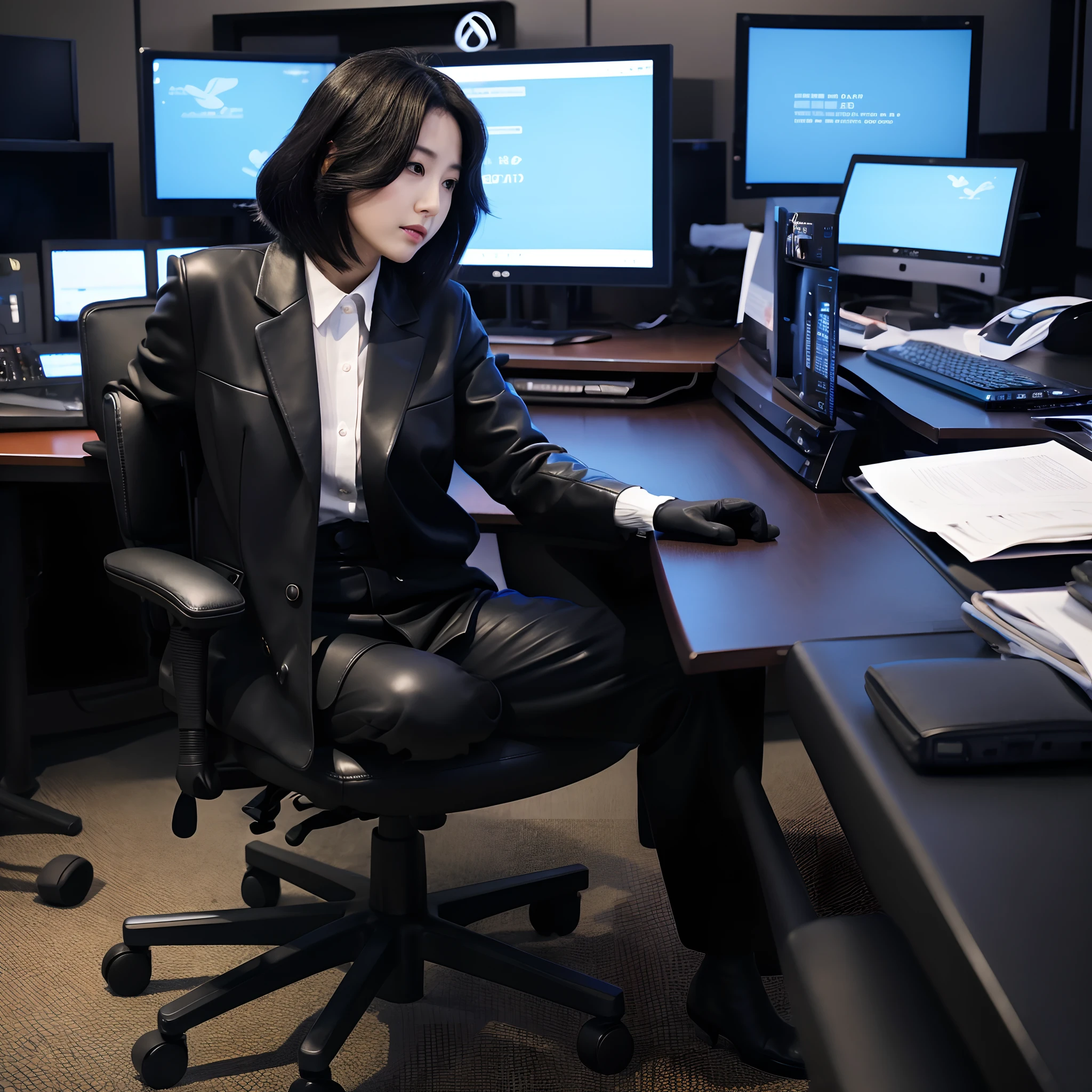 Wearing a black business pantsuit, Office in the Dark, facing a desk、While looking at the screen, tap the keys on the black laptop keyboard with the fingertips of the black leather gloves,Sitting on a large chair with a black leather backrest、 Black hair was tied back for a long time, Japan Female New Employees (Black leather gloves cover both hands) (The angle is frontal)、Black leather long boots
