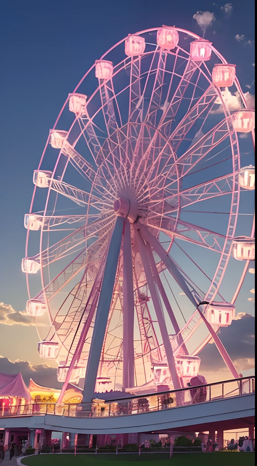 Pink amusement park,There is a Ferris wheel,Pink Castle,There are a lot of clouds in the sky,It has a romantic atmosphere,No man's scene
